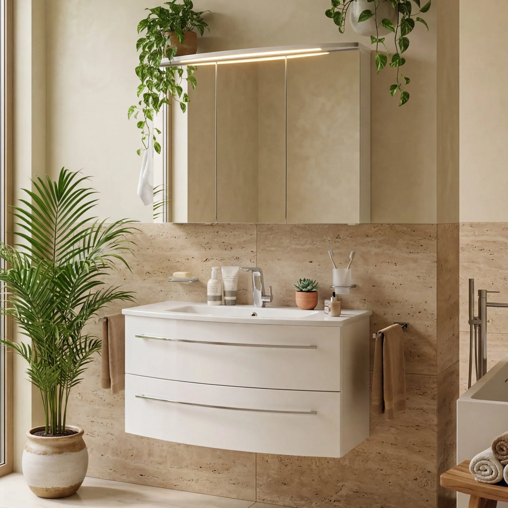LANZET IMPULSO Waschtisch Set mit Spiegelschrank 90 cm breit, Weiß, Waschbecken Keramik Weiß