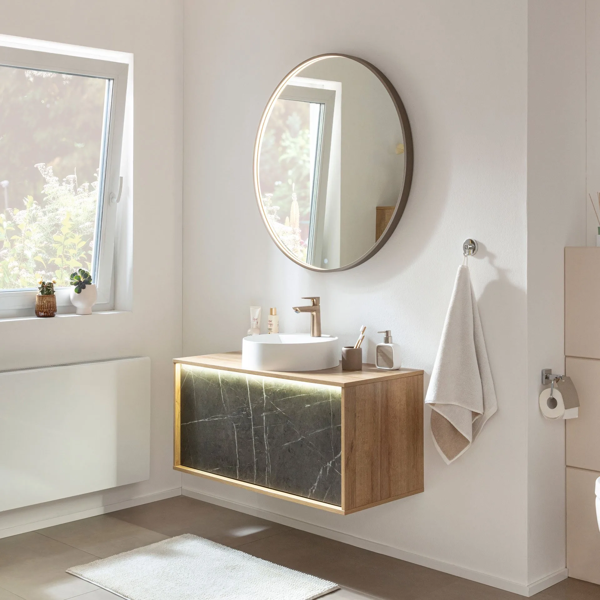 LANZET DUNE Waschbecken mit Unterschrank 100,3 cm breit, Braun hell/Marmor Grau, Aufsatzwaschbecken Gussmarmor Weiß, inkl. LED Beleuchtung