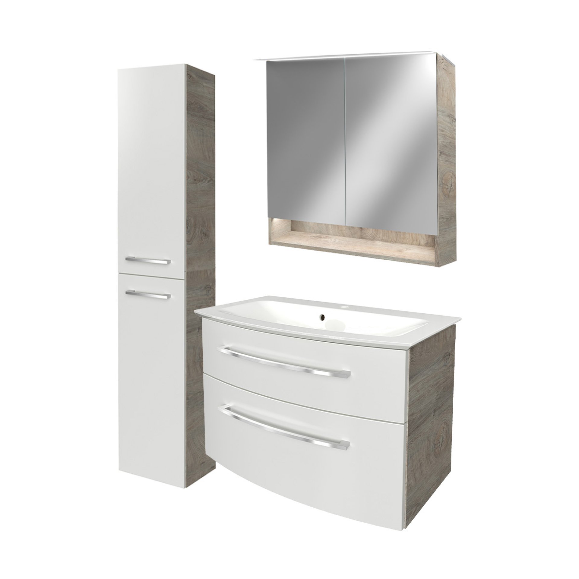 FACKELMANN B.STYLE Badmöbel Set 4-teilig, 83 cm breit, Weiß/Braun + LED-Spiegelschrank + Hochschrank Türanschlag links