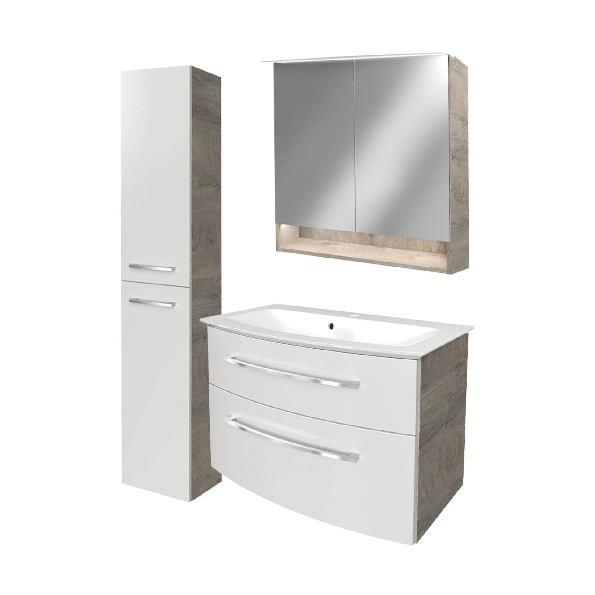 FACKELMANN B.STYLE Badmöbel Set 4-teilig 83 cm breit, Weiß/Braun hell + LED Spiegel Spiegelschrank+ Hochschrank Türanschlag links