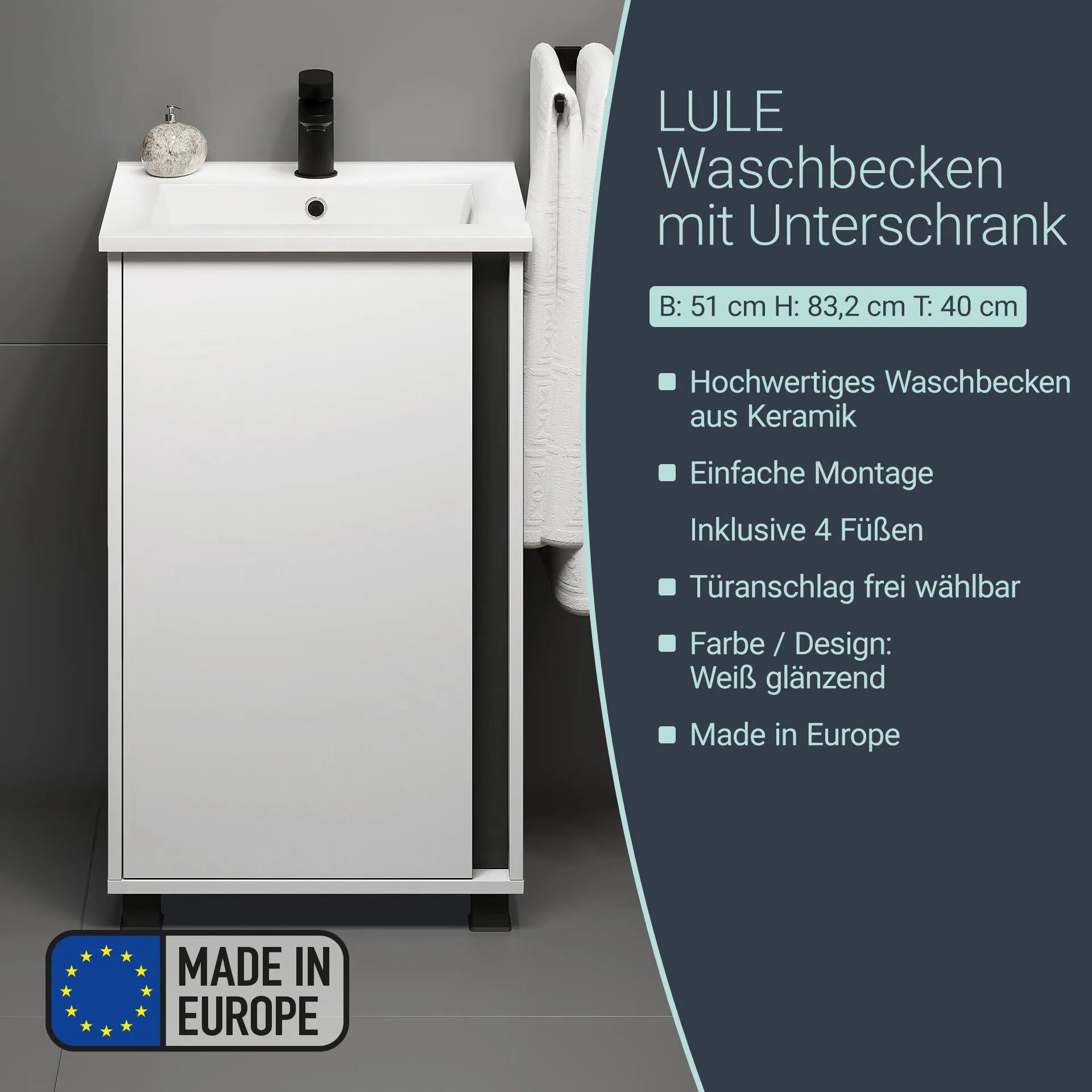 BADEDU LULE Gäste WC Waschtisch Set 51 cm breit, Weiß, Waschbecken Keramik Weiß, mit Füßen