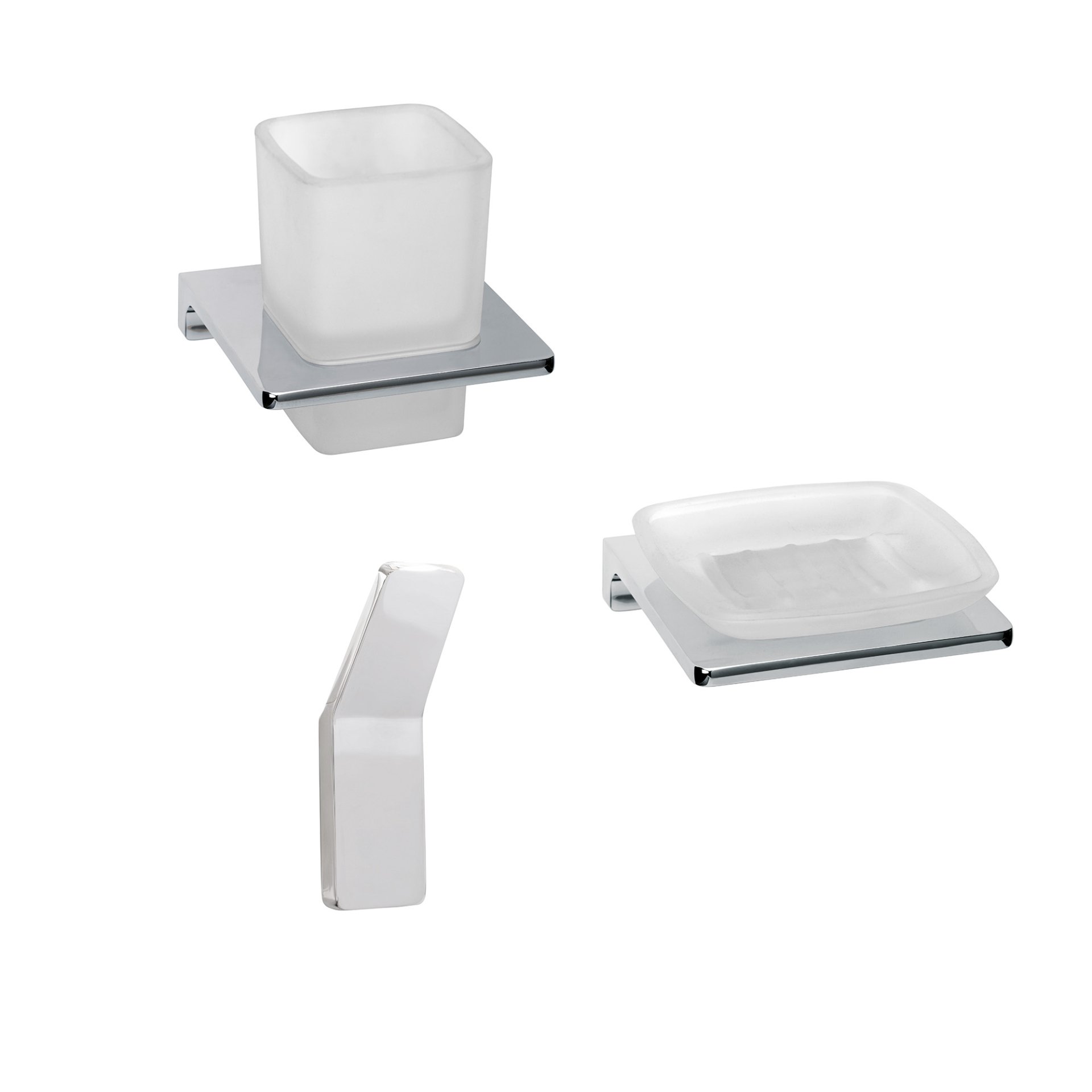 BADEDU SIRIUS Accessoire Set 3-teilig, Chrom, Handtuchhaken, Glas mit Halter, Ablageschale