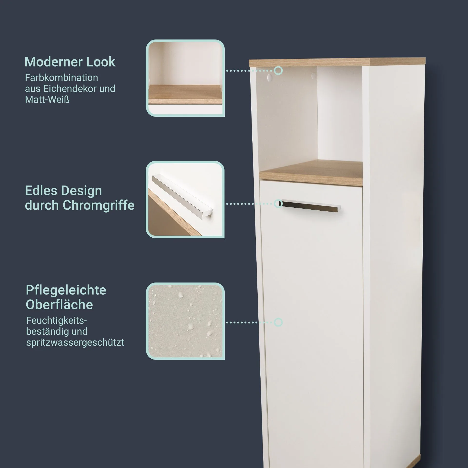 BADEDU ARC Midischrank 30 cm breit, Weiß/Braun hell