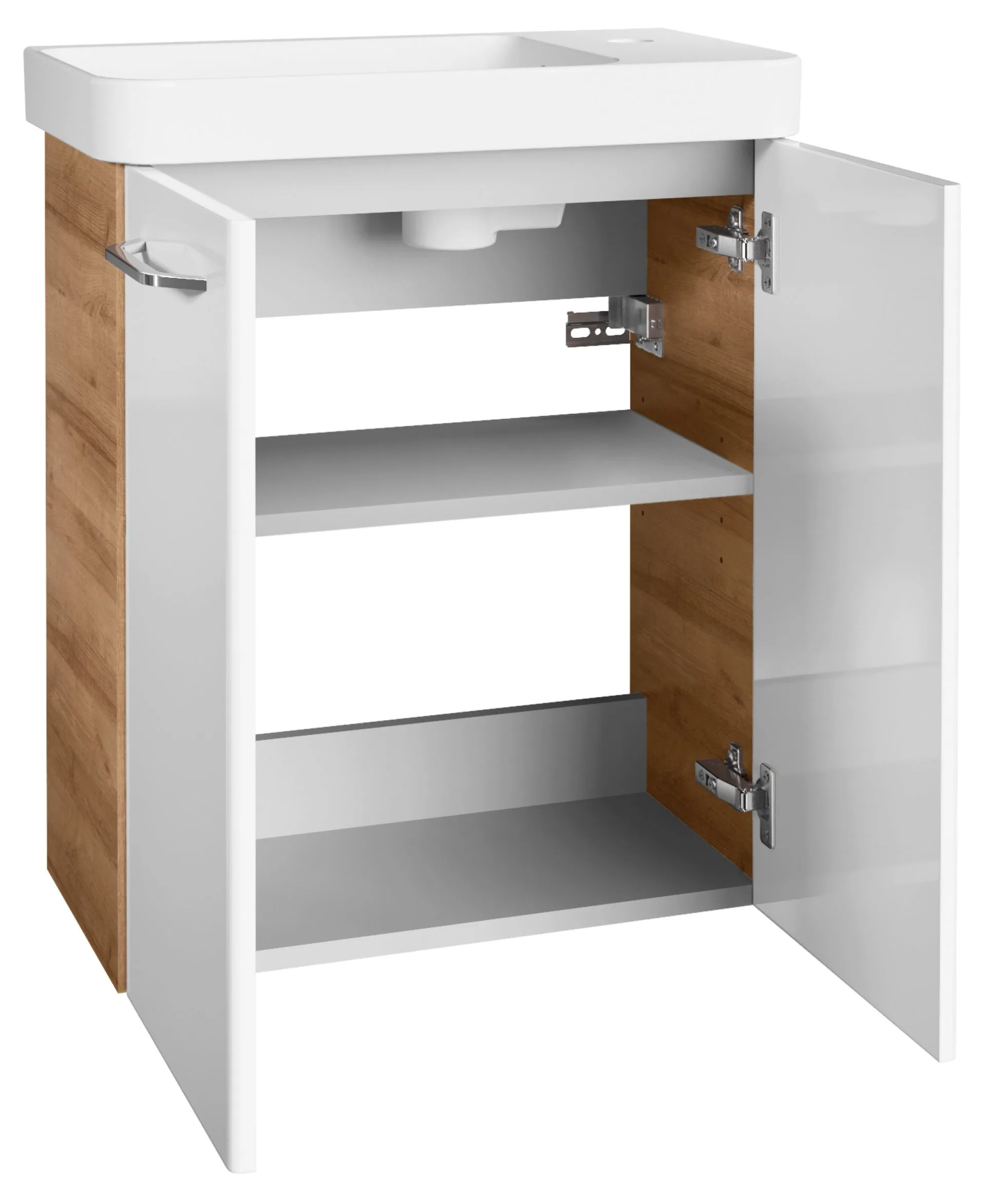 FACKELMANN MILANO Gäste WC Waschtisch Set 55 cm breit, Weiß/Braun hell, Waschbecken Keramik Weiß