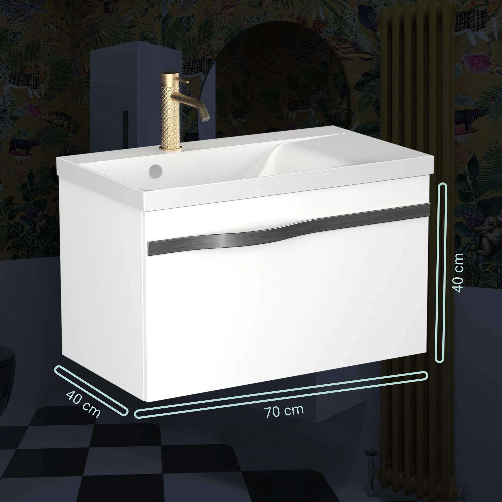 BADEDU FILS Waschbecken mit Unterschrank 69 cm breit, Weiß, Waschbecken Gussmarmor Weiß, Griff Schwarz