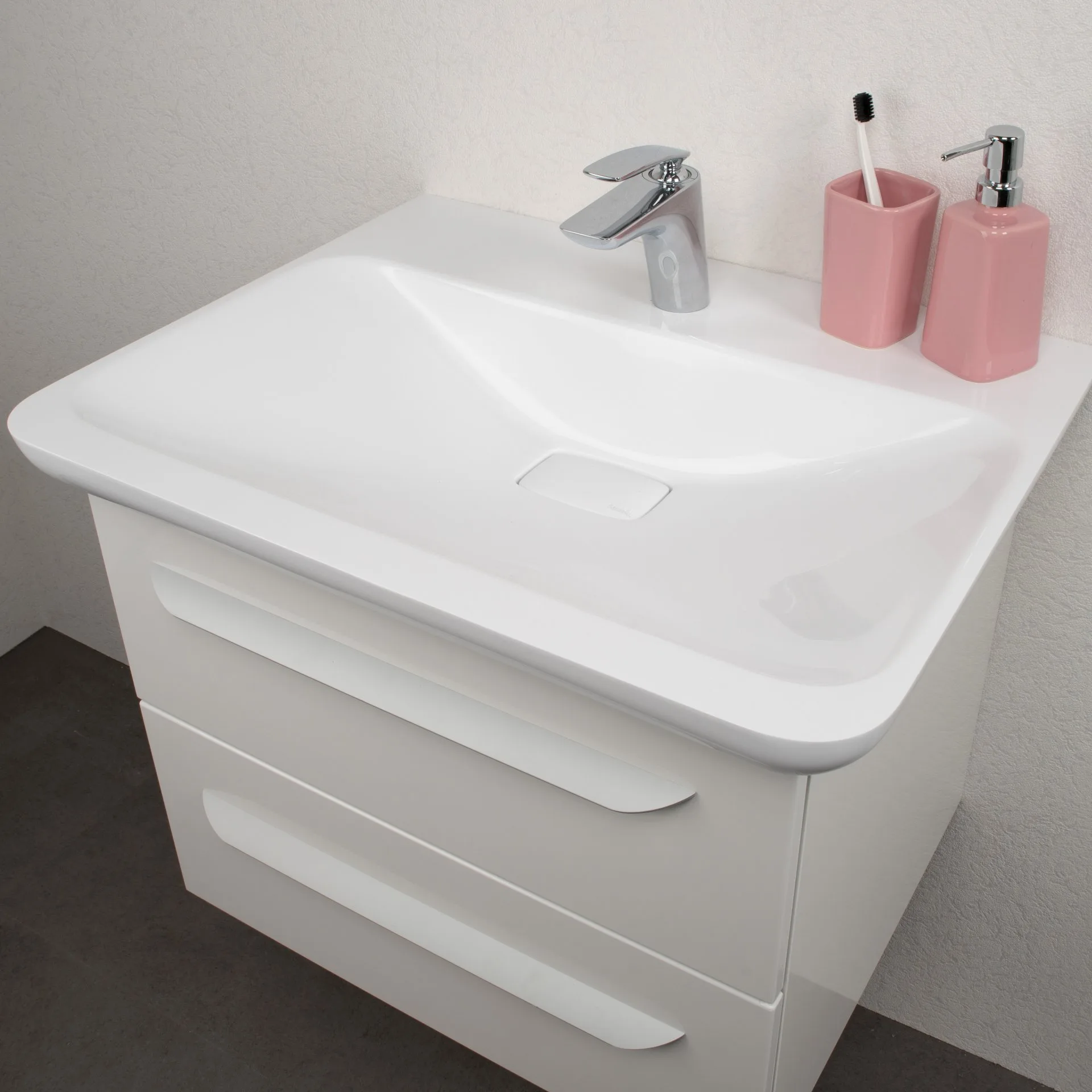 LANZET M9 Waschtisch Set mit Spiegel 70 cm breit, Weiß, Waschbecken Gussmarmor Weiß + LED Spiegel + Waschbeckenbeleuchtung
