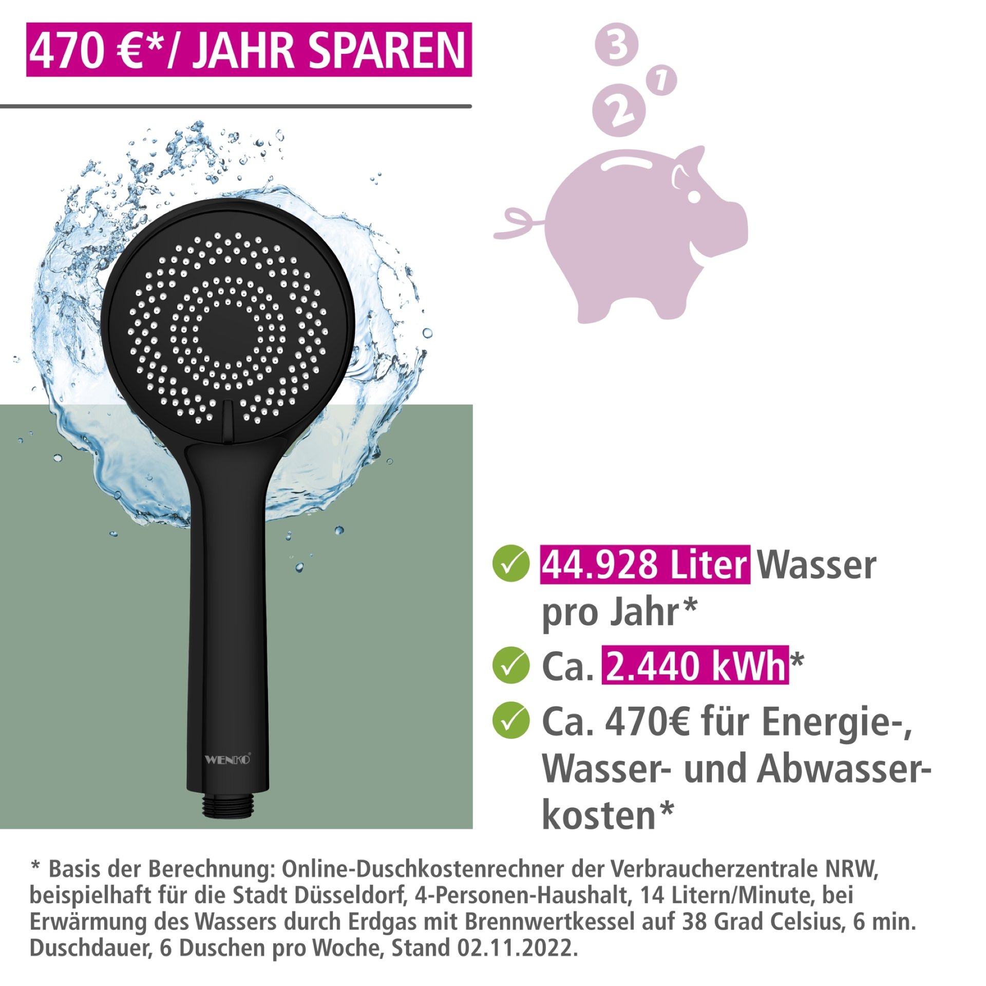 WENKO Duschkopf Ø 9,5 cm, Schwarz, mit Wassersparsystem, 3 verschiedene Wasserstrahlarten