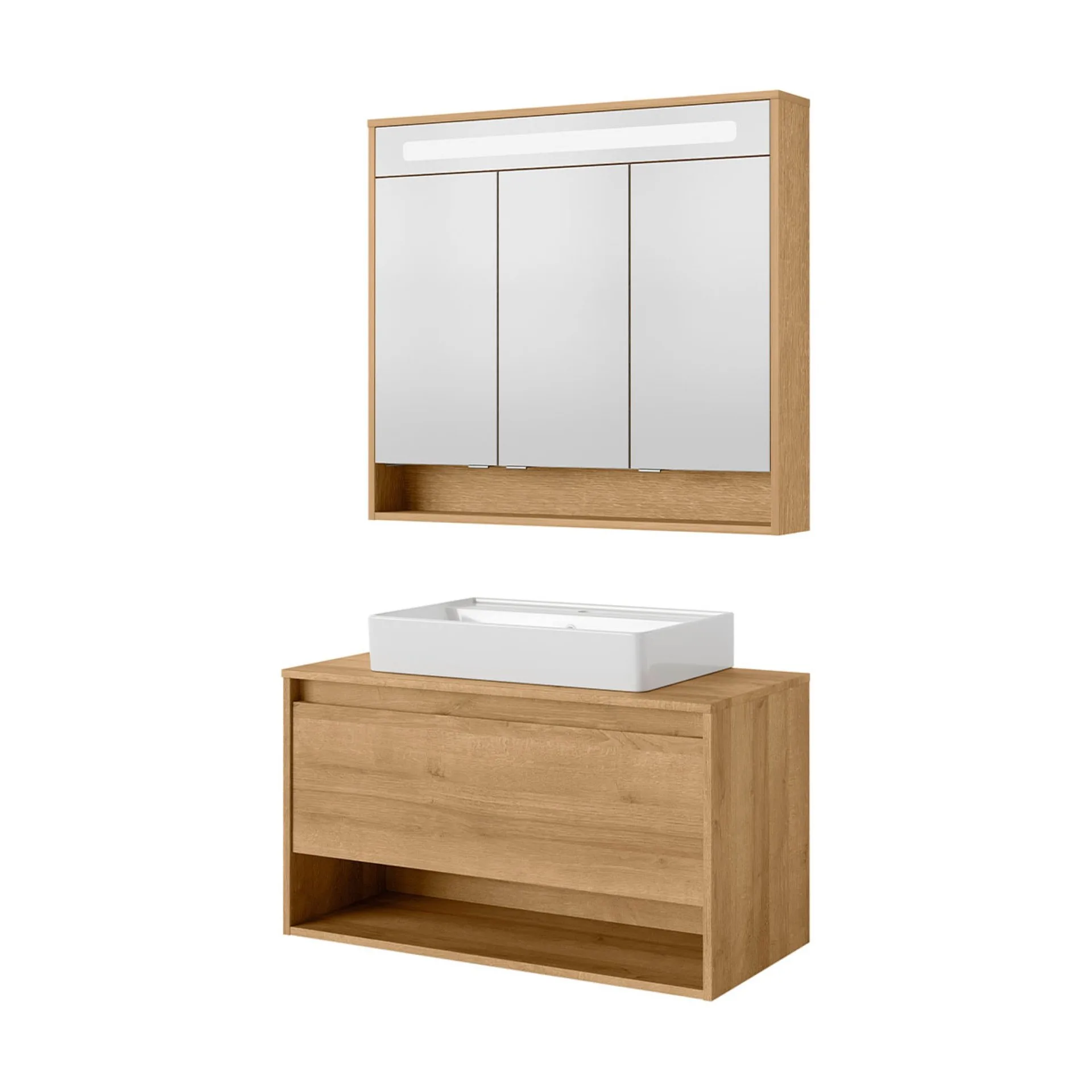 FACKELMANN NATURA Waschtisch Set mit Spiegelschrank 94 cm breit, Braun hell, Aufsatzwaschbecken Keramik Weiß + LED Spiegelschrank