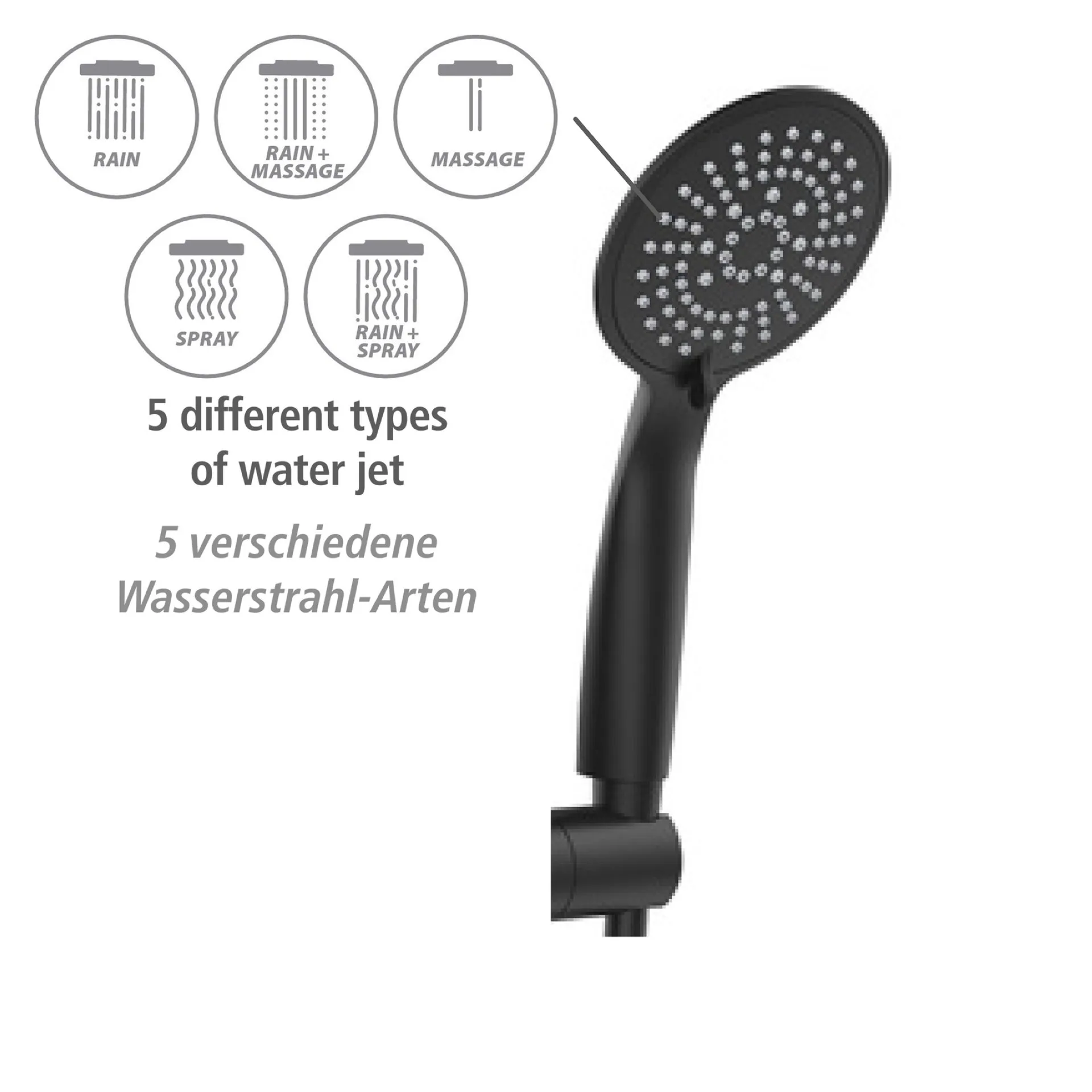 WENKO YOUNG ECO Duschsystem, Schwarz, mit Wassersparsystem, 5 verschiedene Wasserstrahlarten, Duschthermostat