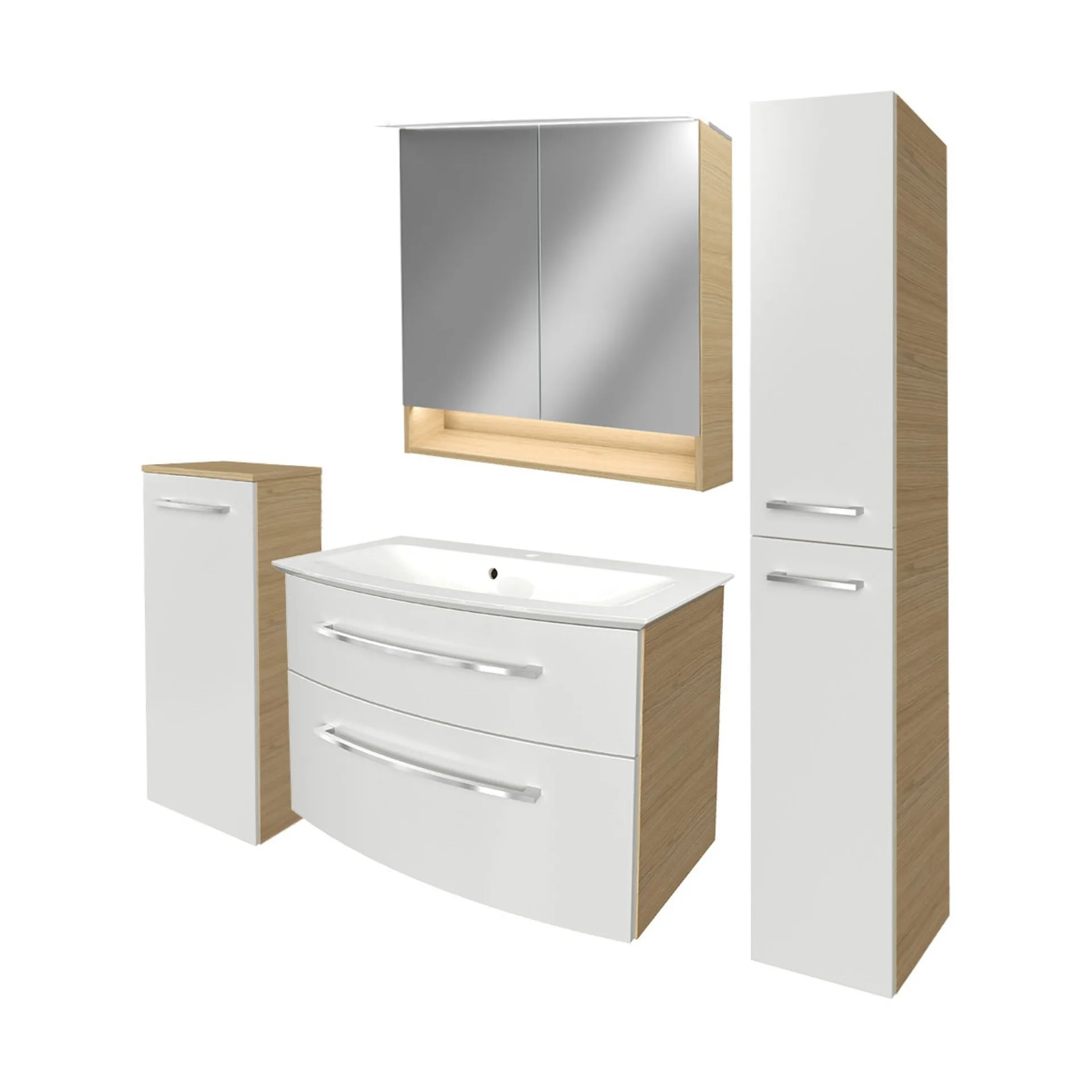 FACKELMANN B.STYLE Badmöbel Set 5-teilig 83 cm breit, Weiß/Braun + LED Spiegelschrank + Midischrank + Hochschrank