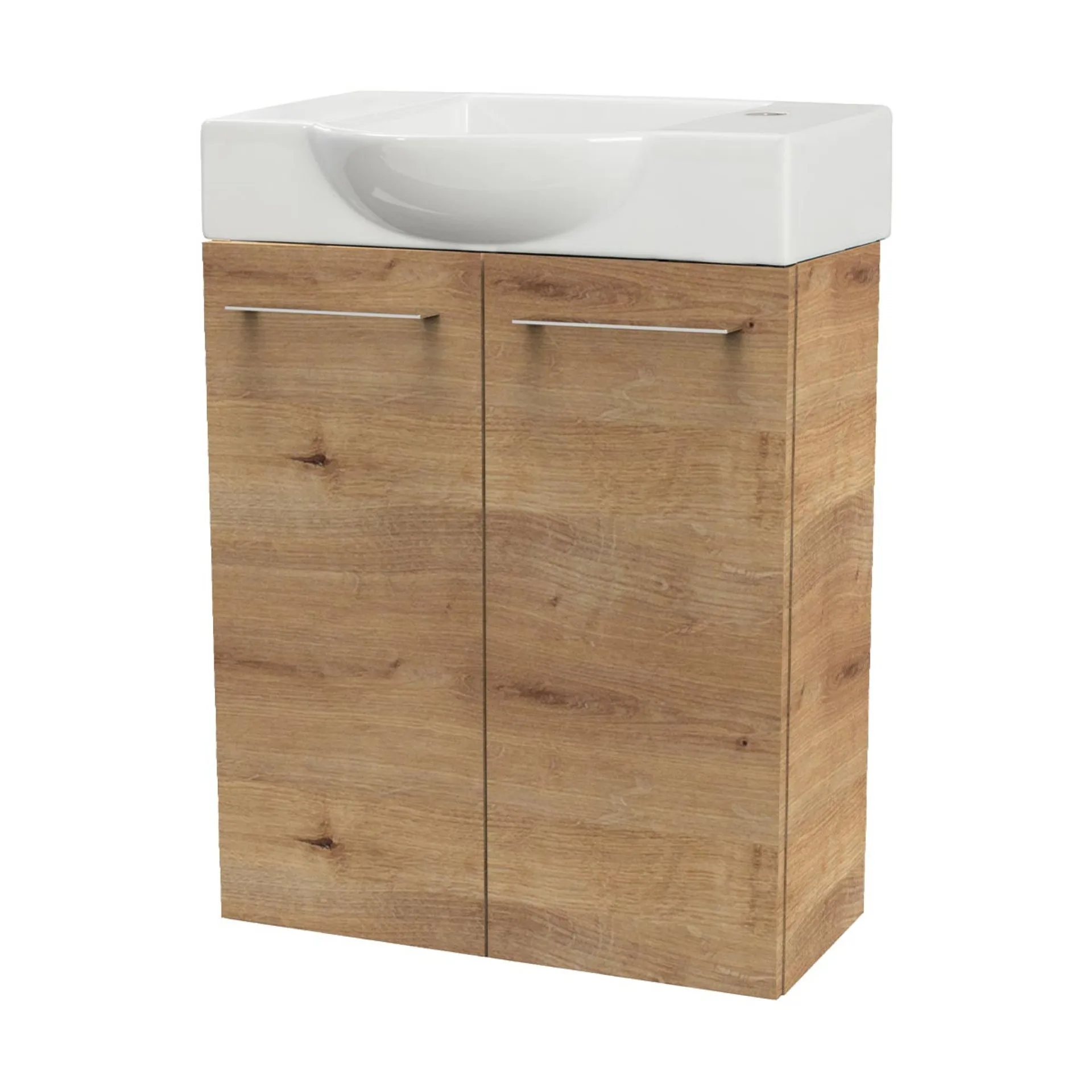 FACKELMANN SBC MILANO Gäste WC Waschtisch Set 55 cm breit, Braun hell, Waschbecken Keramik Weiß, Hahnloch rechts