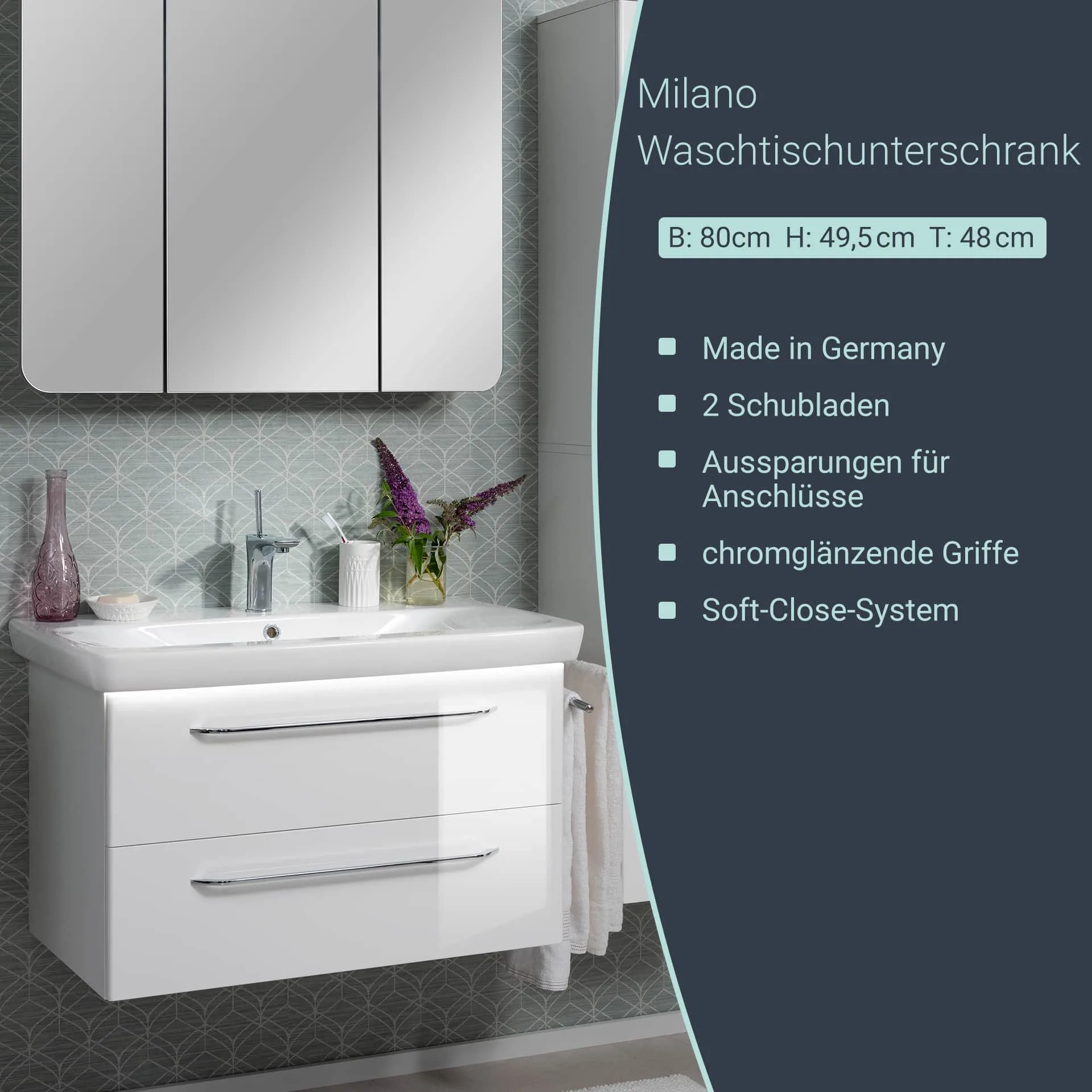 FACKELMANN MILANO Waschbeckenunterschrank 80 cm breit, Weiß