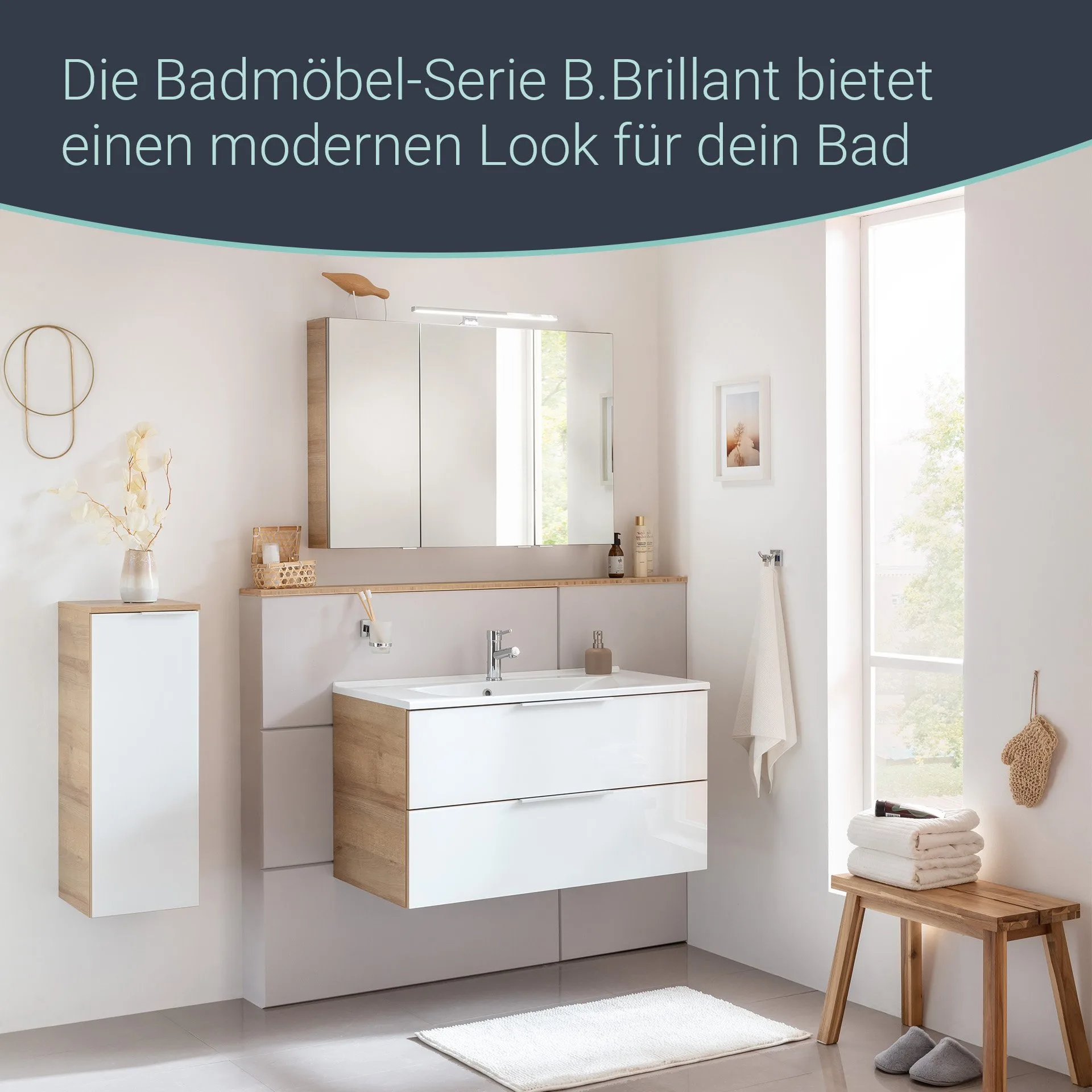 FACKELMANN B.BRILLANT LED Spiegelschrank, 100 cm breit, Braun hell