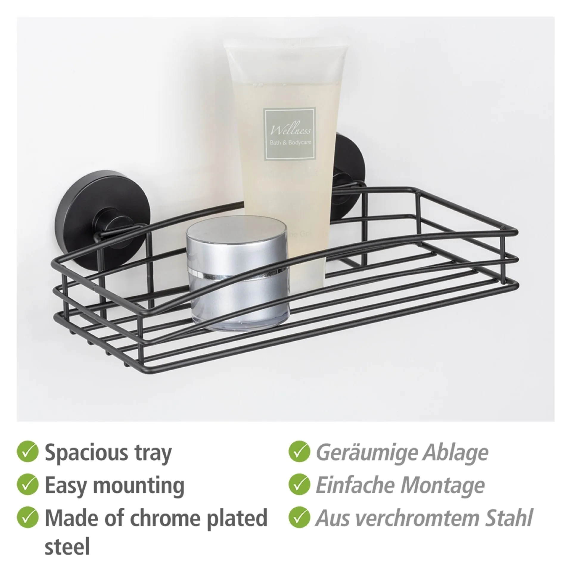 WENKO VACUUM LOC Duschablage 26 cm breit, Schwarz matt, Befestigen ohne Bohren