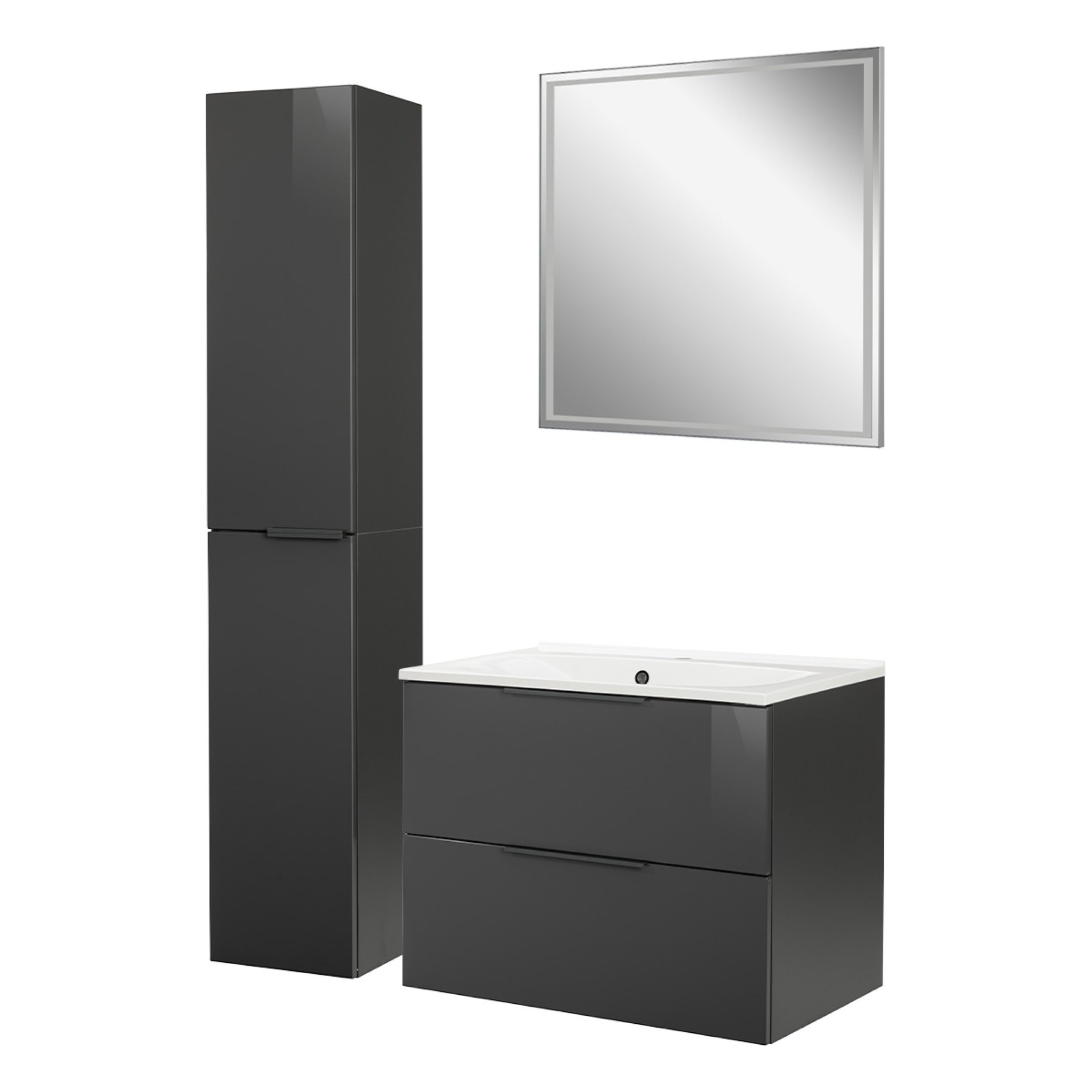 Fackelmann LUNA Badmöbel Set 4-teilig, 80 cm breit, Anthrazit, Gussmarmor, Spiegel + Hochschrank