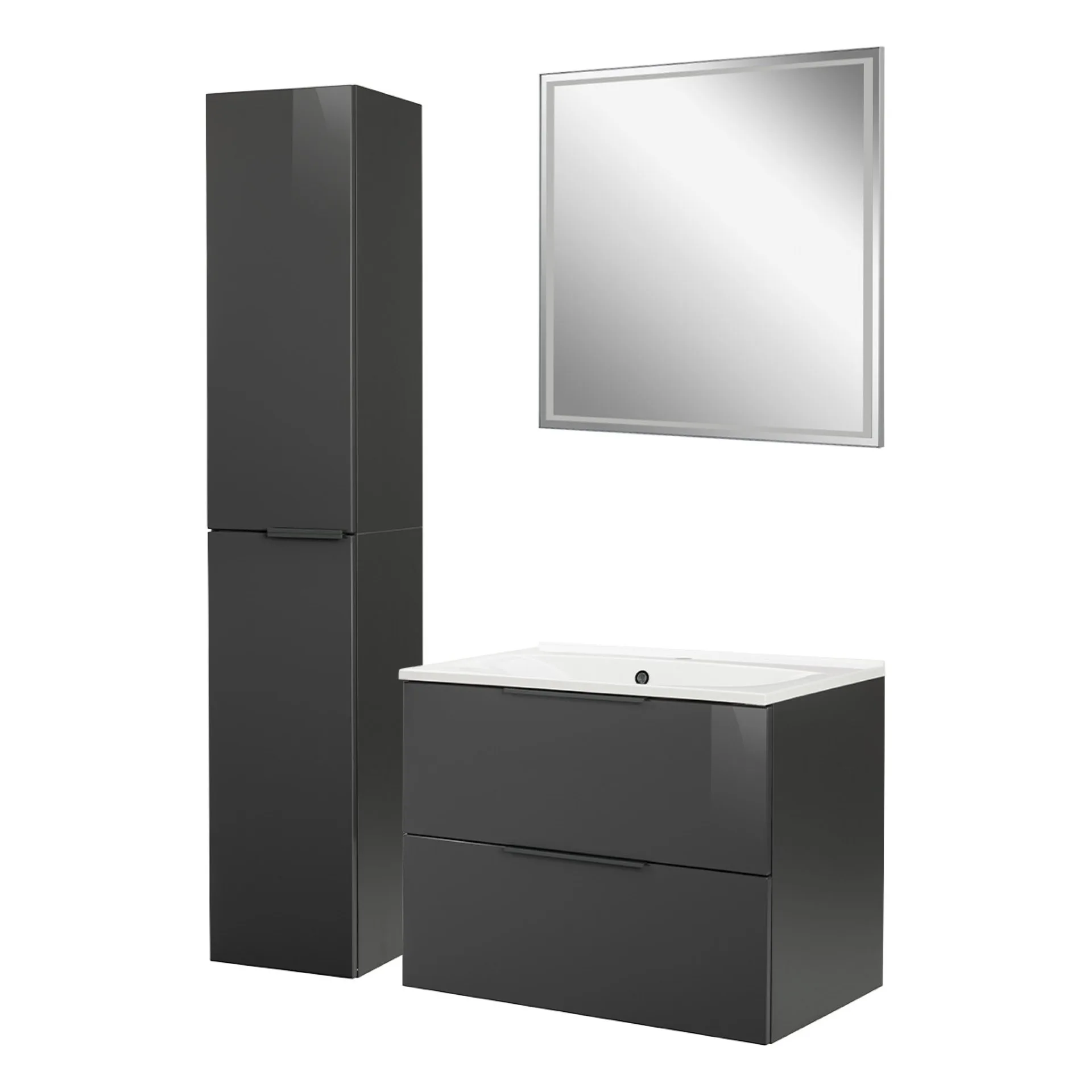 FACKELMANN LUNA Badmöbel Set 4-teilig 80 cm breit, Anthrazit, Waschbecken Gussmarmor Weiß + LED Spiegel + Hochschrank