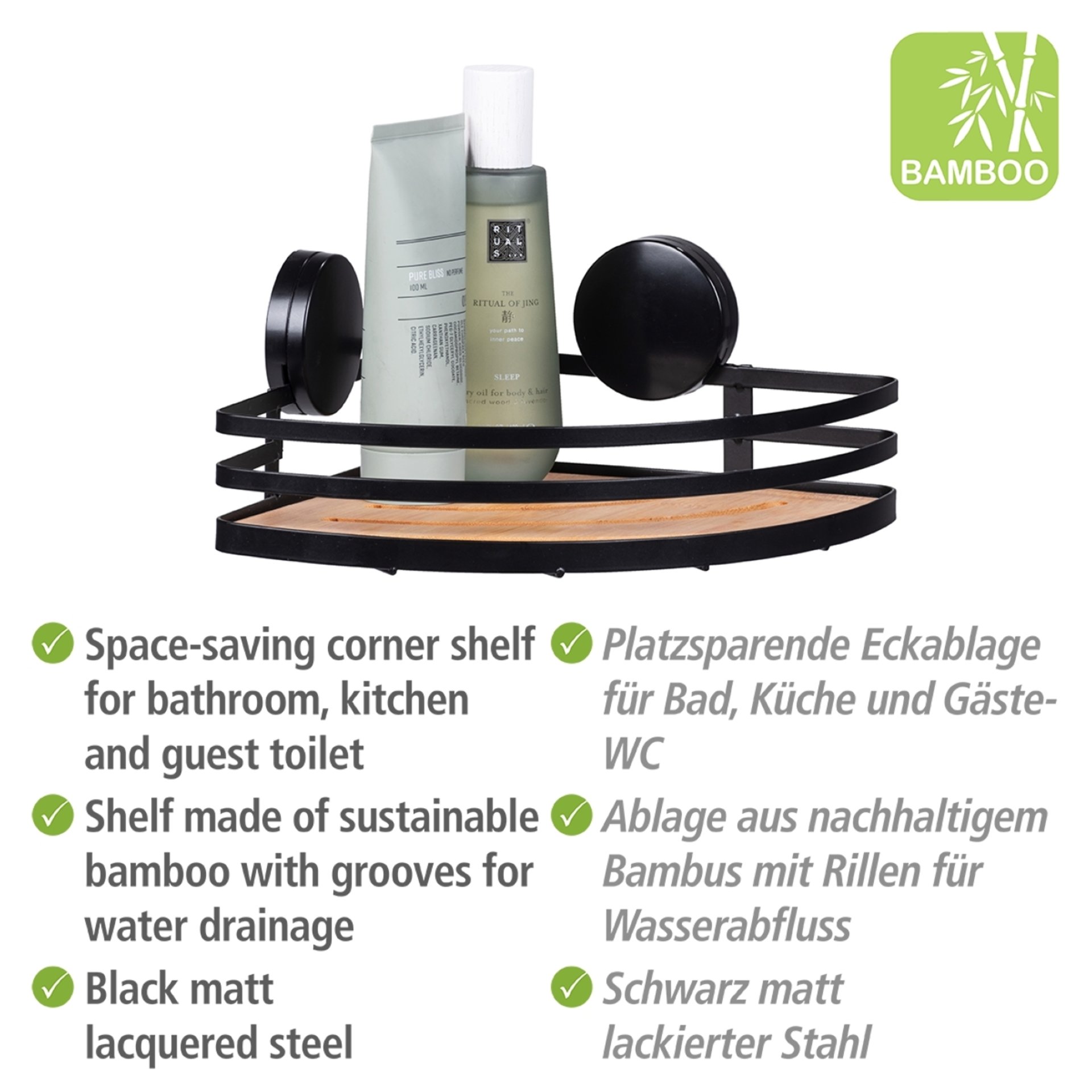 WENKO ALBA Dusch Eckablage, Schwarz/Braun, Befestigen ohne Bohren, Edelstahl/Bambus