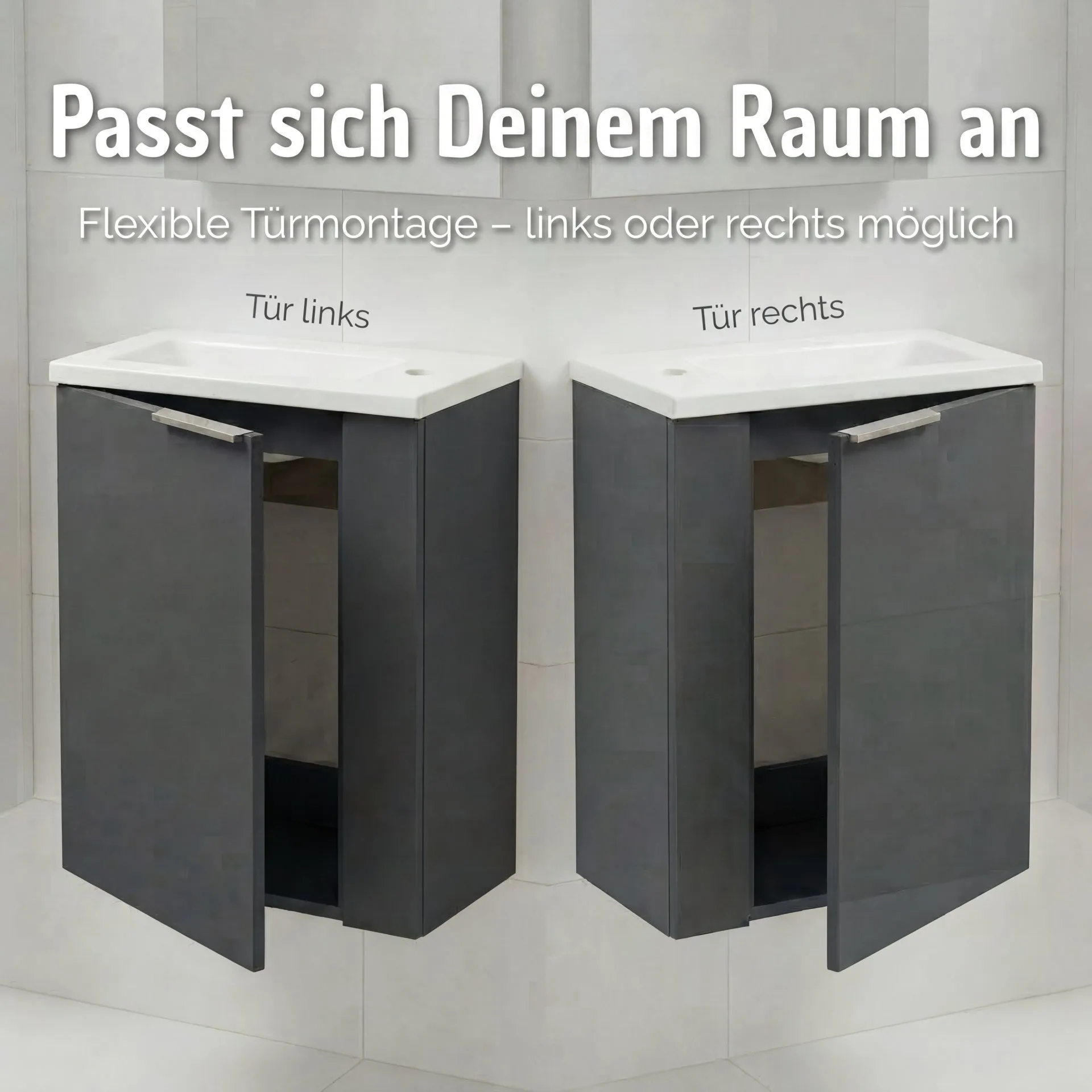 BADEDU UMEA Gäste WC Waschtisch Set 50 cm breit, Anthrazit, Waschbecken Gussmarmor Weiß