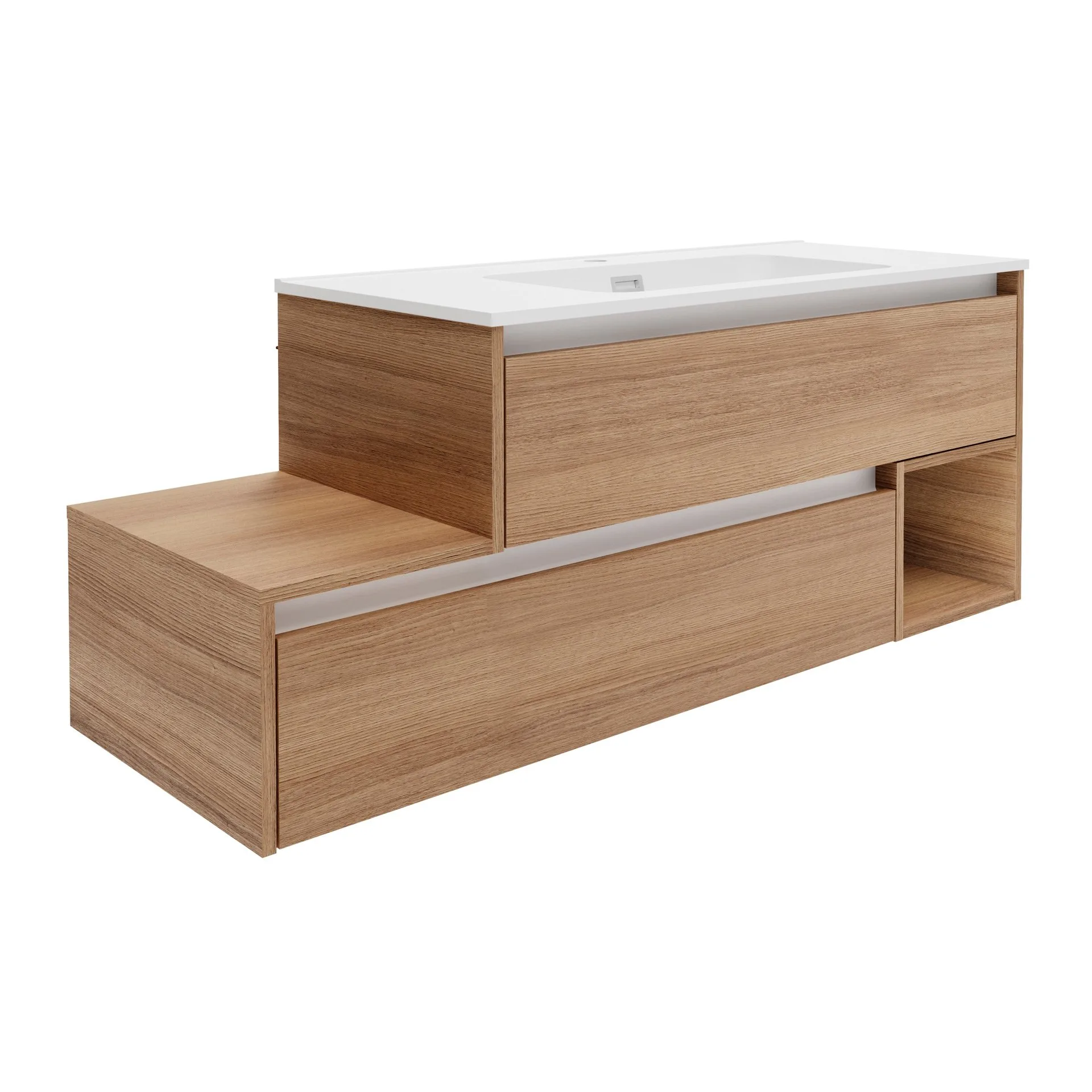 FACKELMANN VITA Waschbecken mit Unterschrank 129 cm breit, Braun hell, Waschbecken Gussmarmor Weiß matt, Ablage links, asymmetrisch