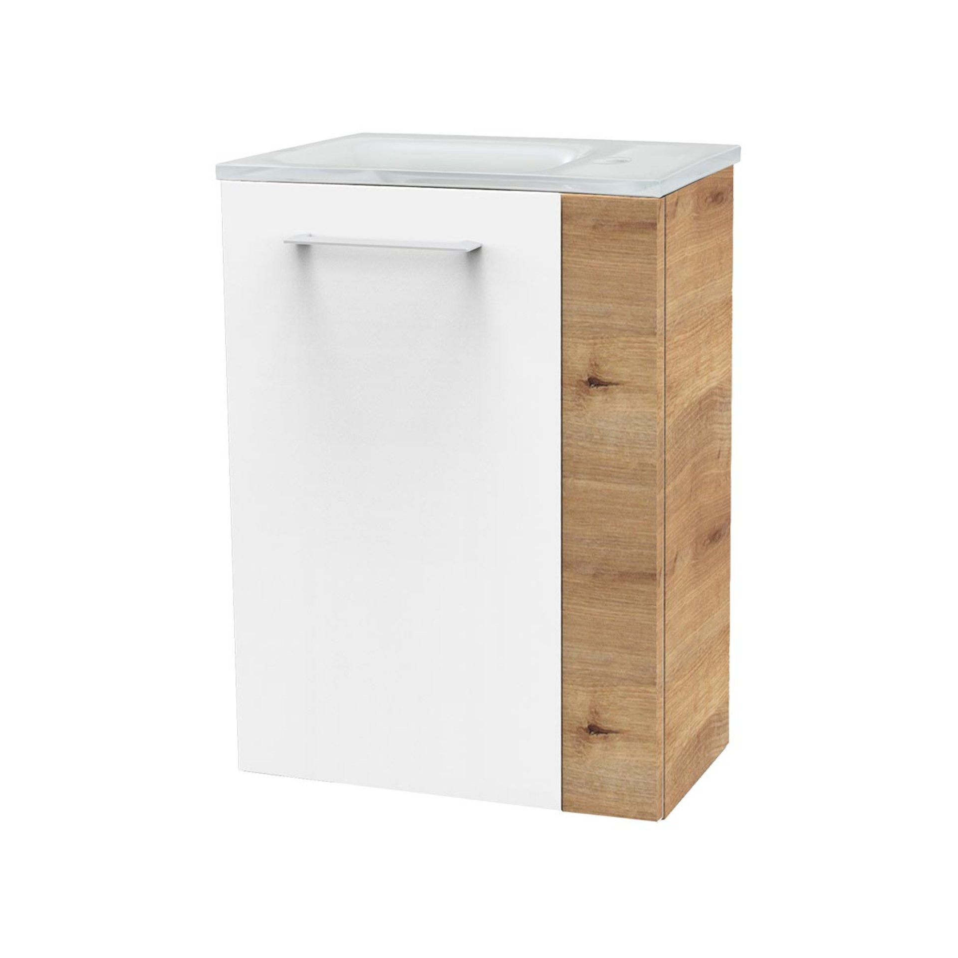 FACKELMANN SBC MILANO Gäste WC Waschtisch Set 45 cm breit, Weiß/Braun hell, Waschbecken Glas Weiß, Türanschlag links