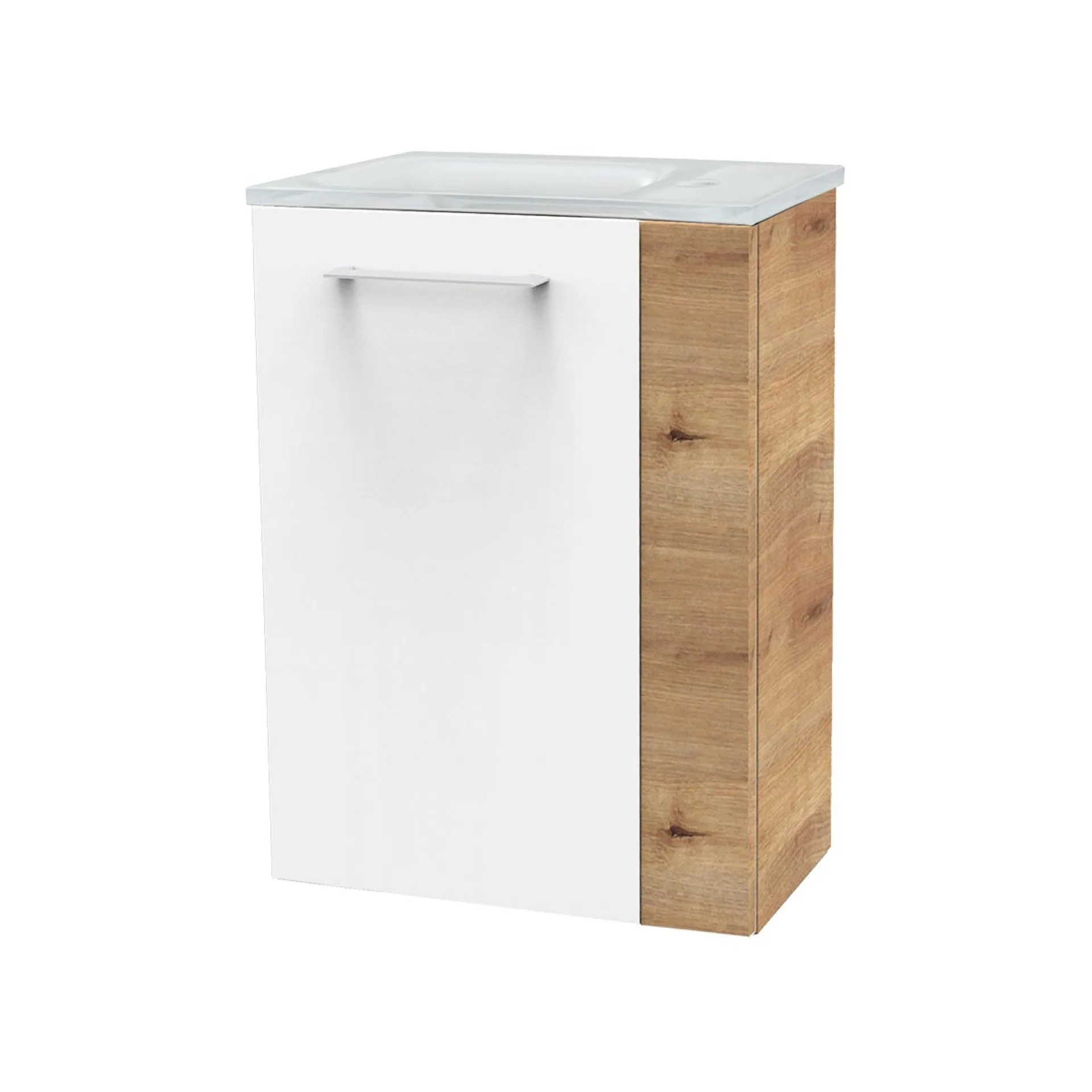 FACKELMANN SBC MILANO Gäste WC Waschtisch Set 45 cm breit, Weiß/Braun hell, Waschbecken Glas Weiß, Türanschlag links