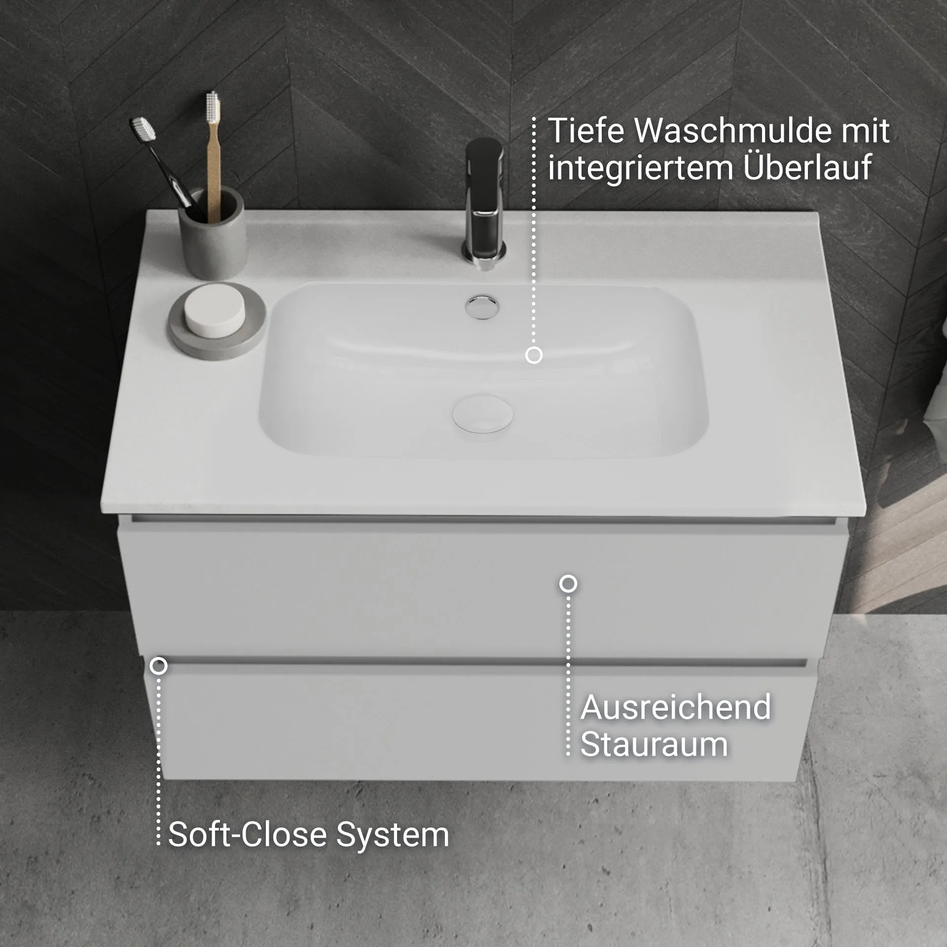 BADEDU GERS Waschbecken mit Unterschrank 80 cm breit, Weiß, Waschbecken Keramik Weiß
