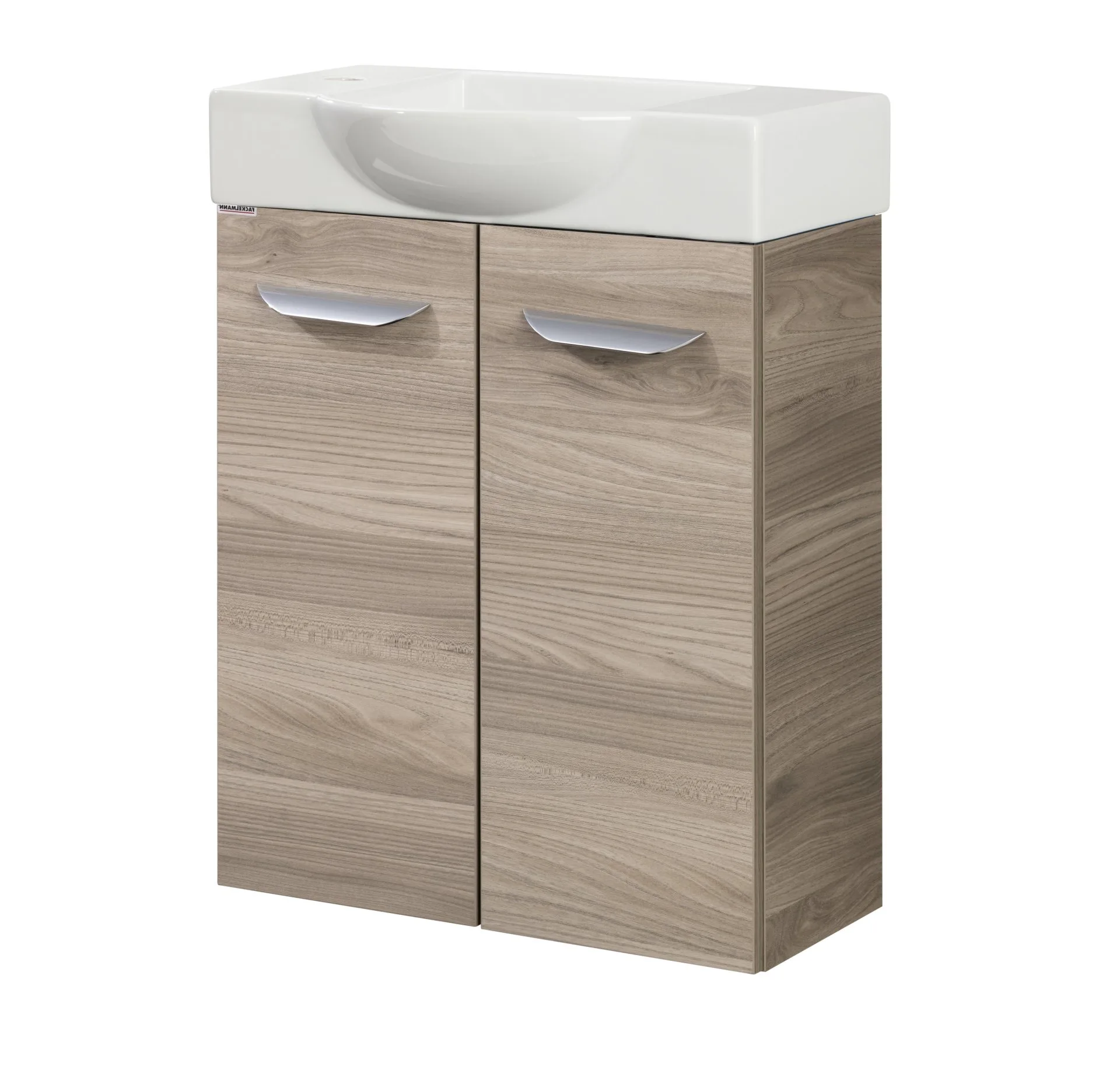 FACKELMANN SBC LUXOR Gäste WC Waschtisch Set 55 cm breit, Braun hell, Waschbecken Keramik Weiß, Hahnloch links