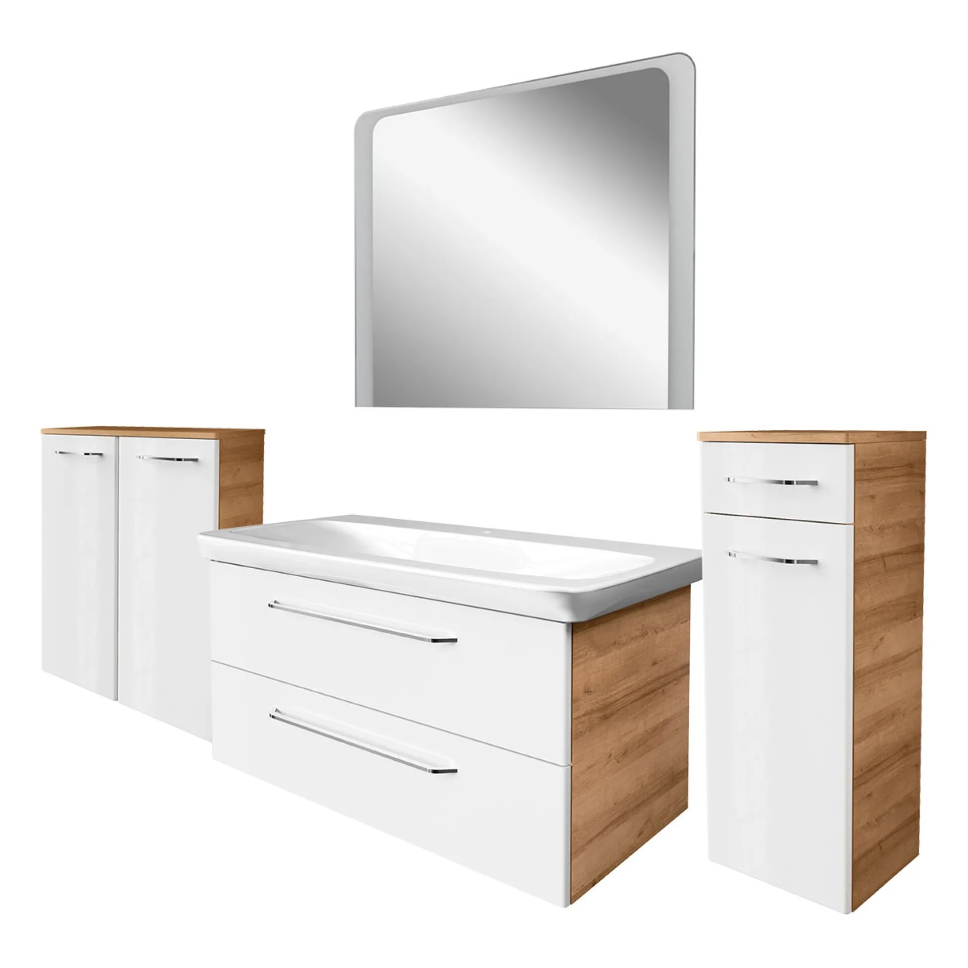 FACKELMANN MILANO Badmöbel Set 5-teilig 107 cm breit, Weiß/Braun hell, Waschbecken Keramik Weiß + LED Spiegel + Doppel Midischrank + Midischrank