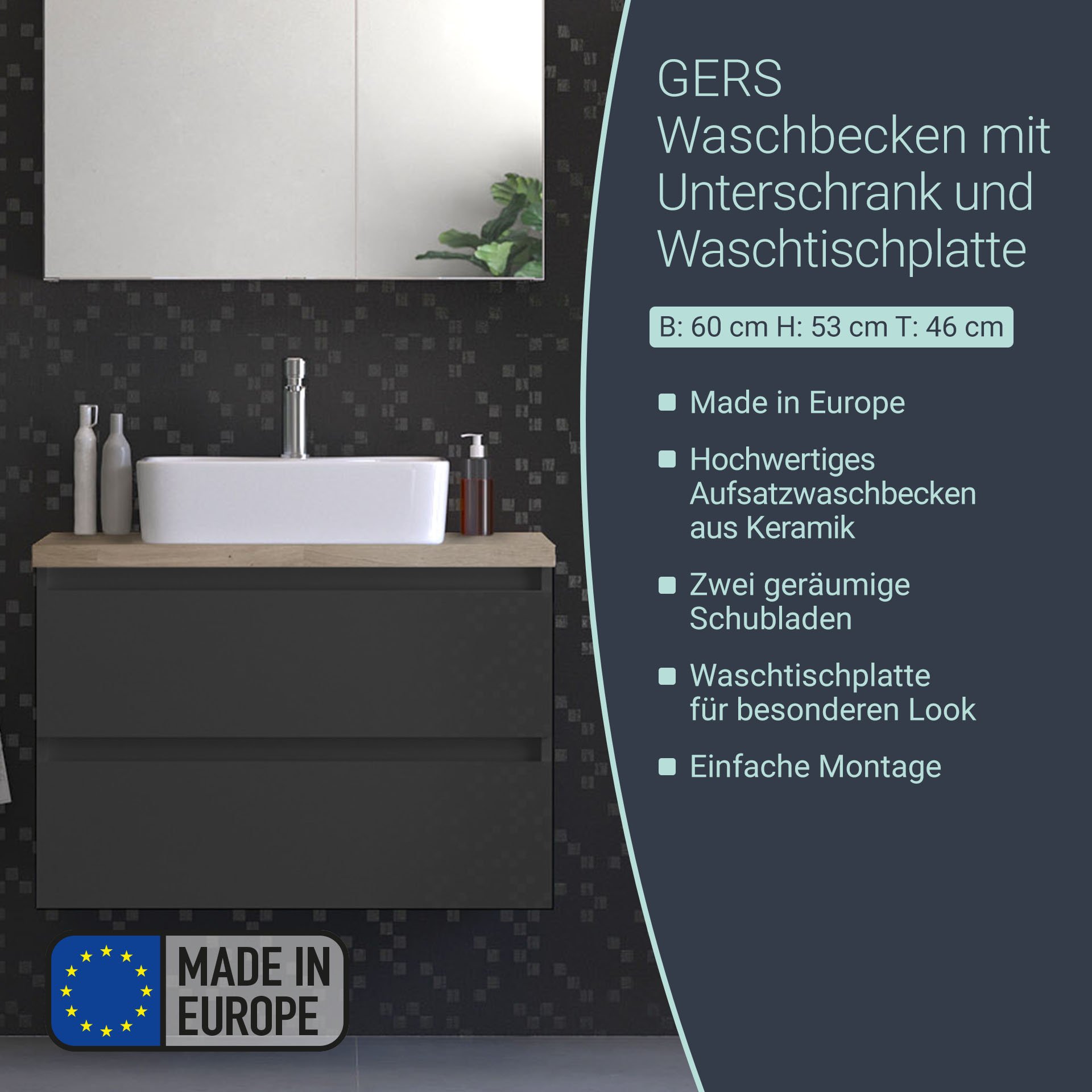 BADEDU GERS Waschbecken mit Unterschrank 80 cm breit, Grau, Aufsatzwaschbecken Keramik Weiß, Waschtischplatte Braun hell