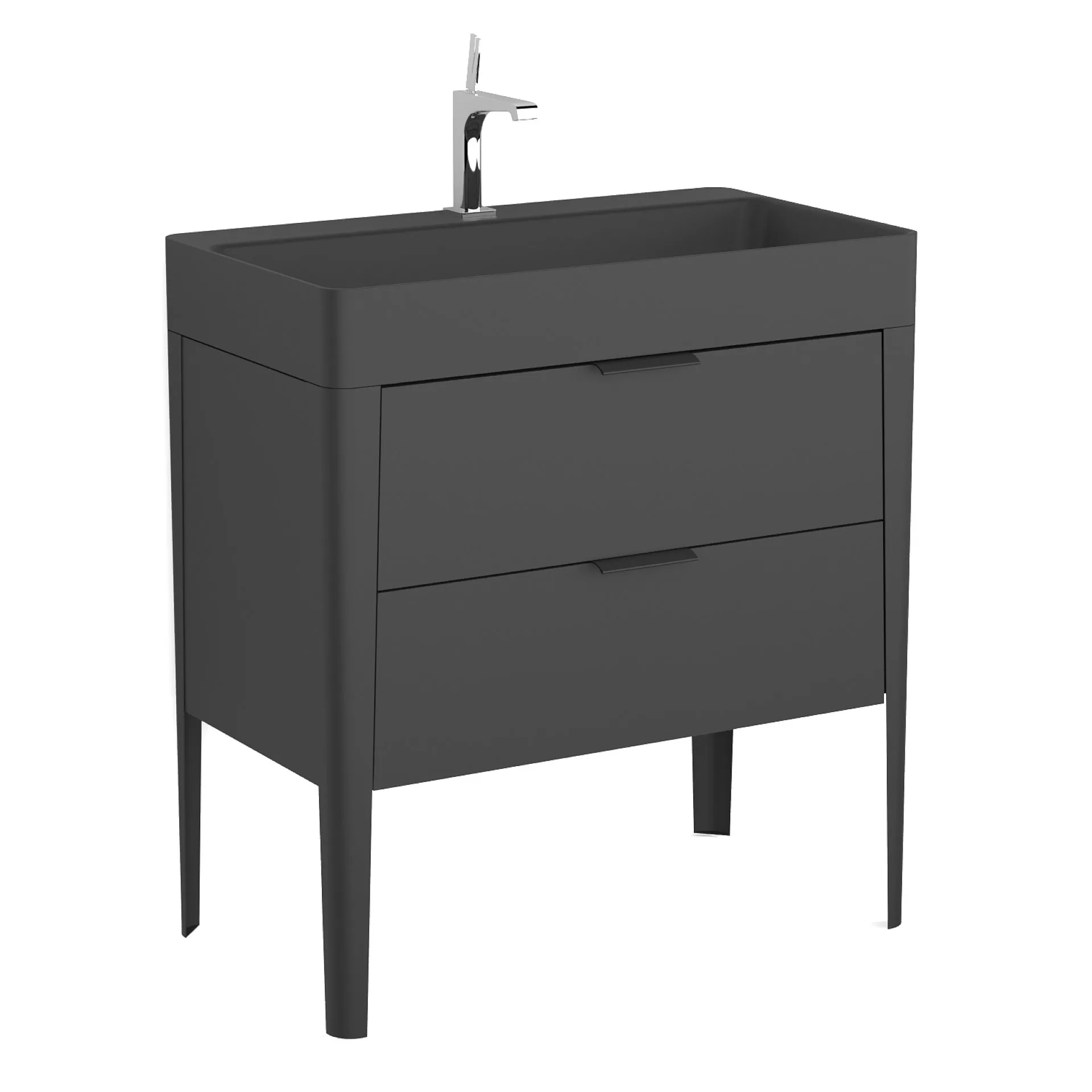 BADEDU SORA Waschbecken mit Unterschrank 80 cm breit, Schwarz matt, Waschbecken Quarzkomposit Schwarz, aus Aluminium, mit Füßen