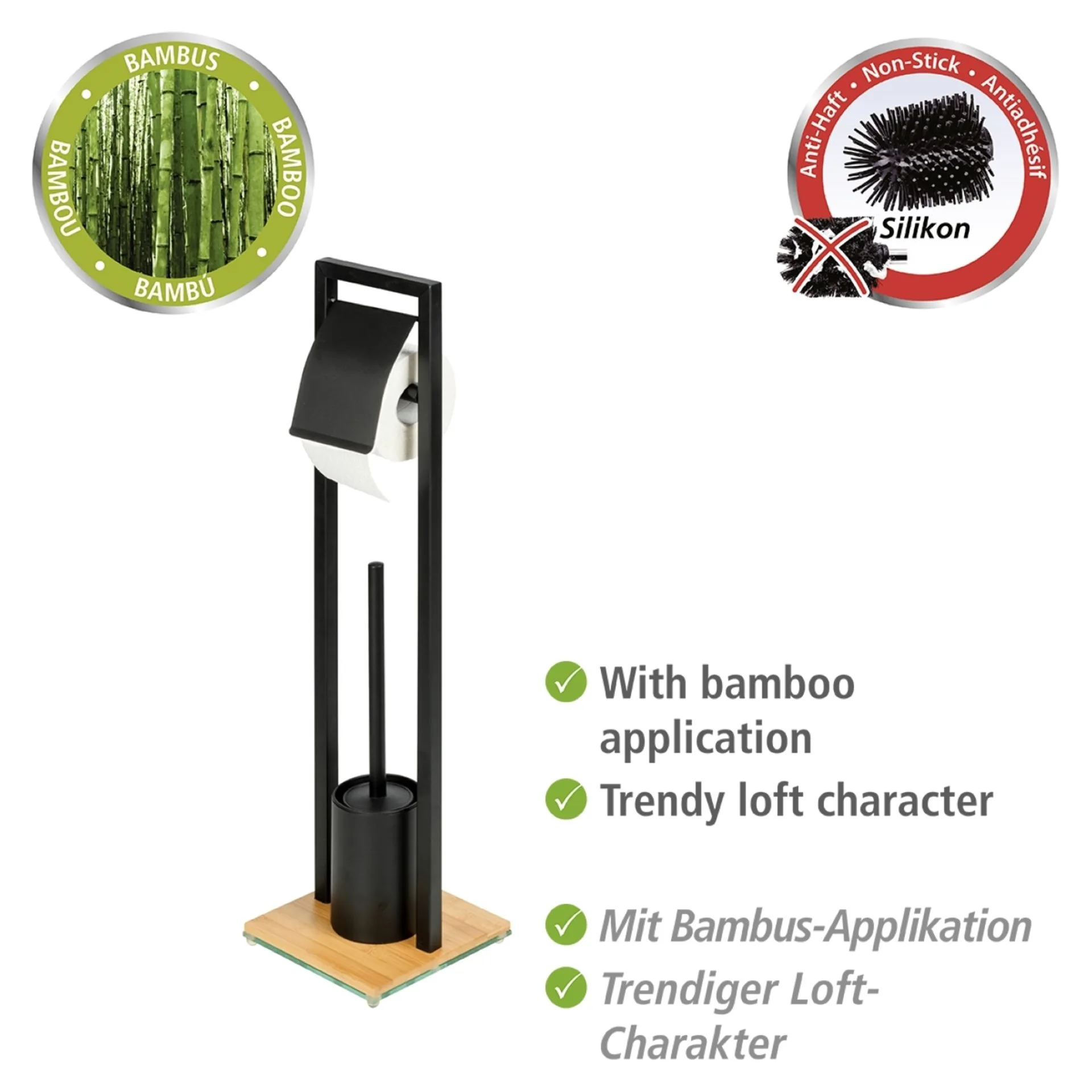 WENKO BAMBUSA WC-Garnitur, Braun/Schwarz, mit Toilettenpapierhalter, aus Bambus, stehend