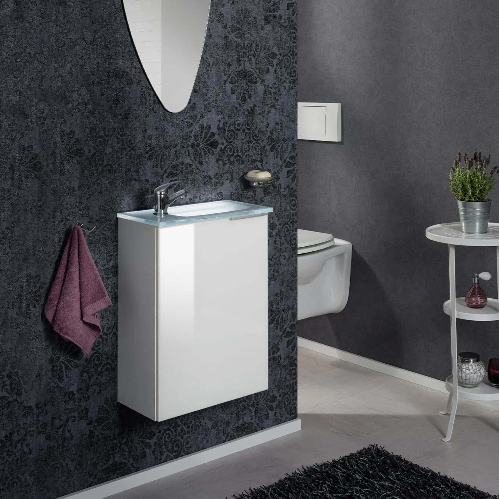 FACKELMANN SBC KARA Gäste WC Waschtisch Set 45 cm breit, Weiß, Waschbecken Glas Weiß, Türanschlag links + Waschbeckenbeleuchtung