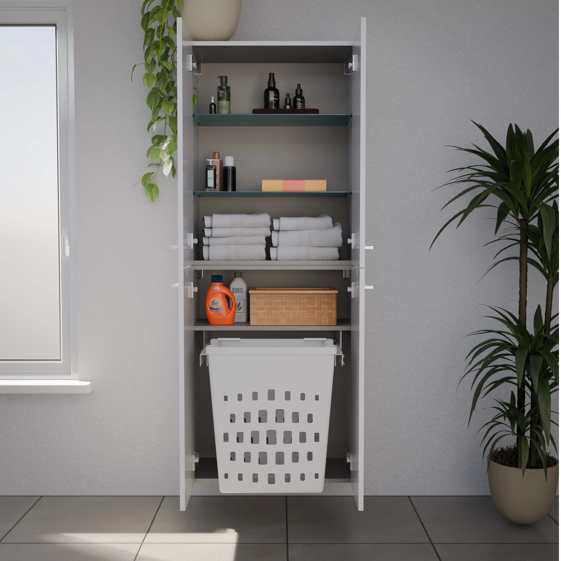 FACKELMANN VERONA Doppel Hochschrank 60 cm breit, Weiß Hochglanz, mit Wäschekorb