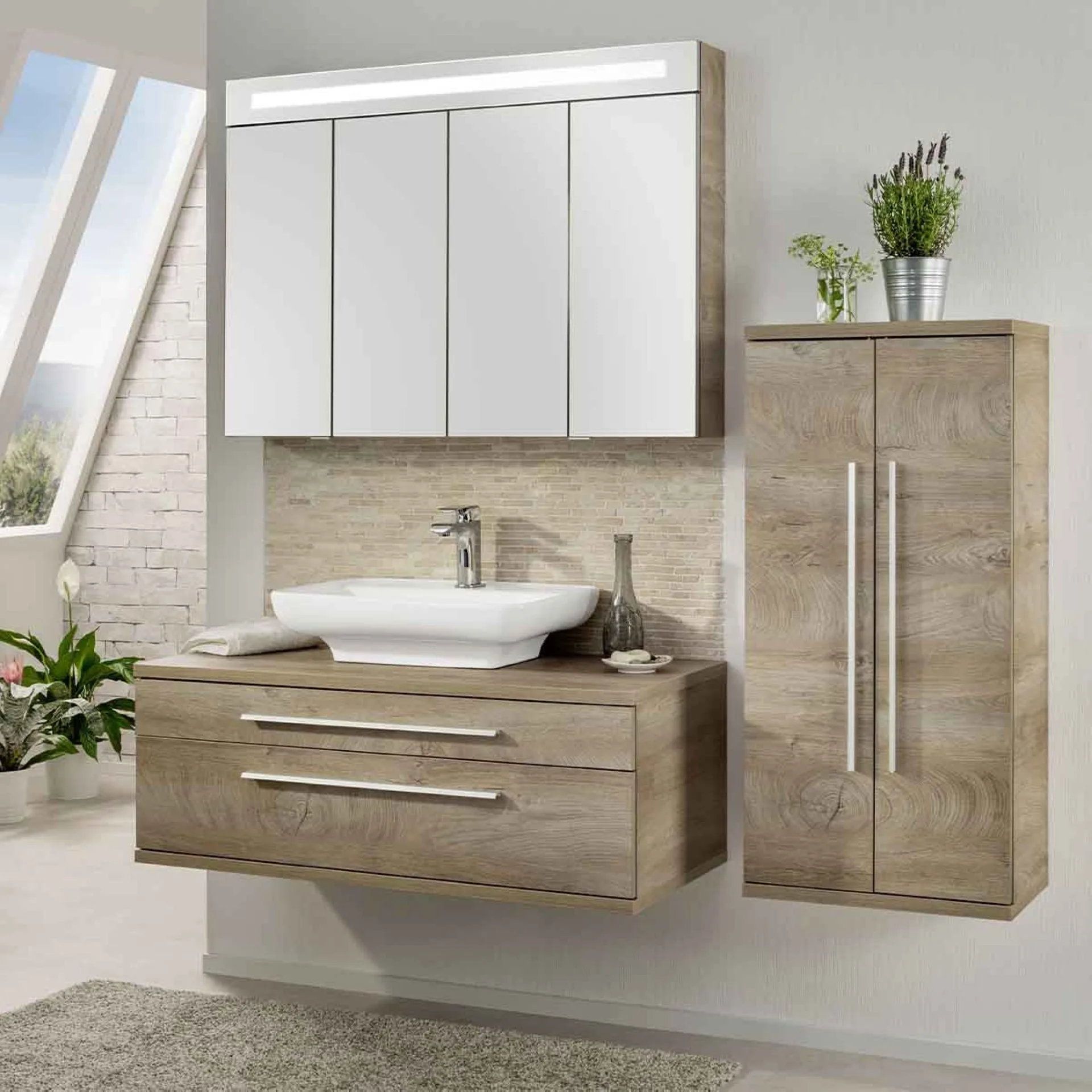 FACKELMANN STANFORD Waschbecken mit Unterschrank 110 cm breit, Braun hell, Aufsatzwaschbecken Keramik Weiß