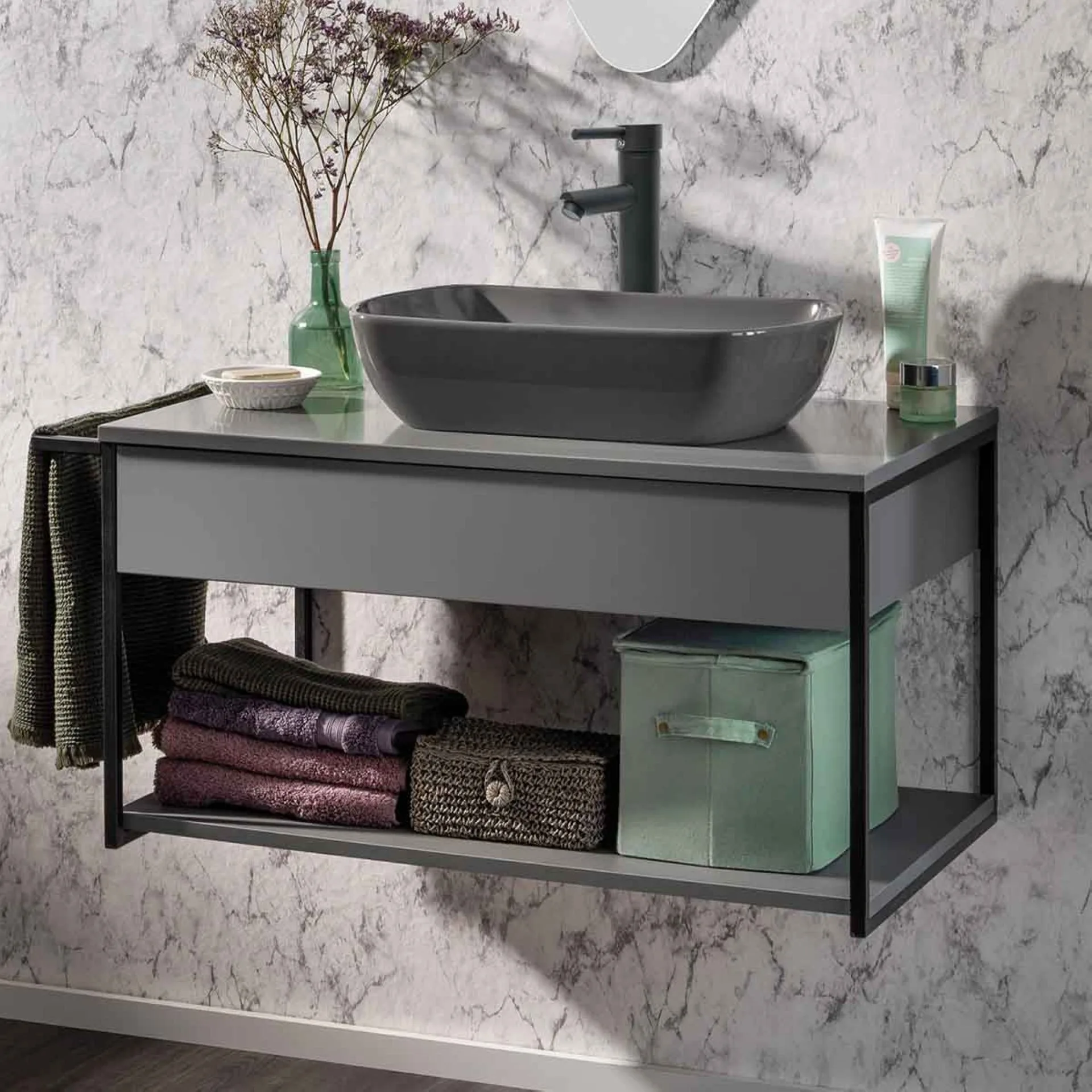 FACKELMANN NEW YORK Waschbeckenunterschrank 88 cm breit, Grau