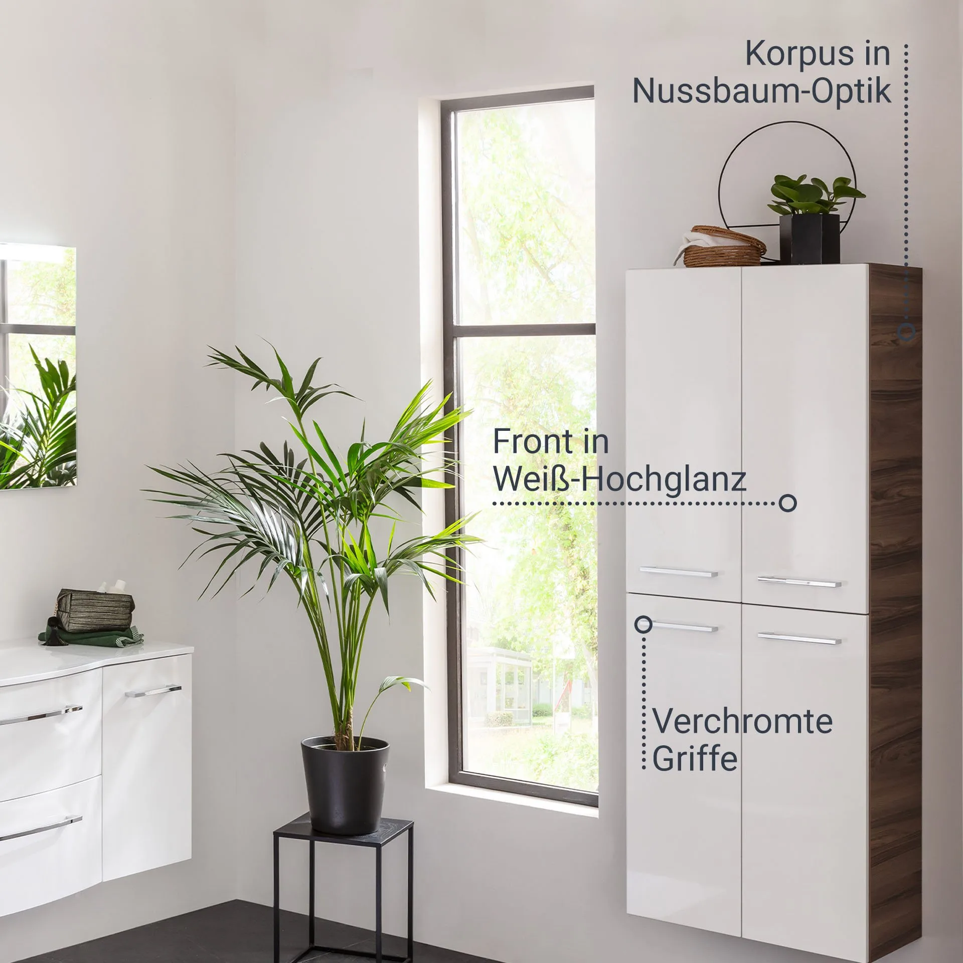 FACKELMANN VERONA Doppel Hochschrank 60 cm breit, Weiß Hochglanz/Braun Dunkel