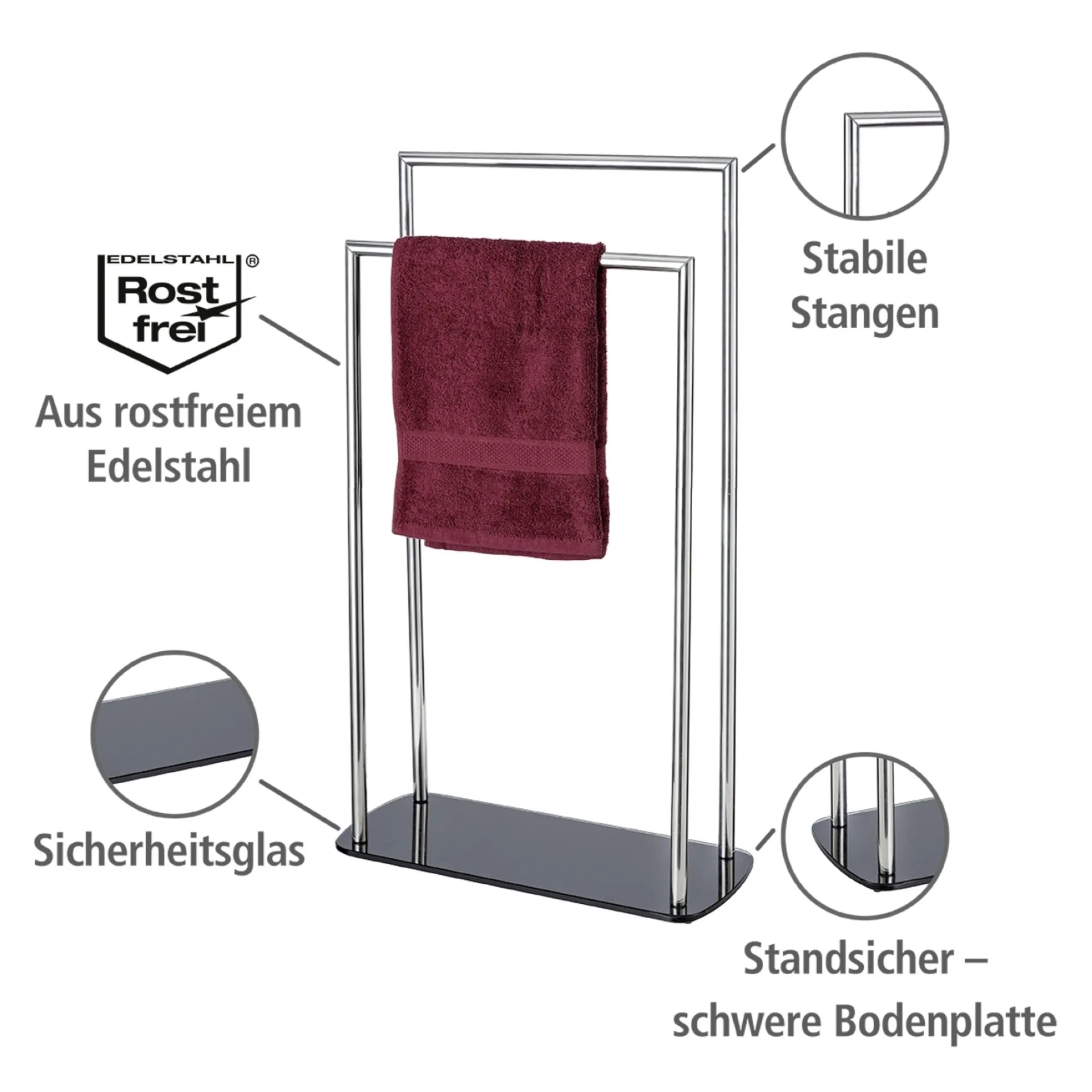 WENKO RAVINA Handtuchhalter, Schwarz/Silber, Edelstahl, stehend