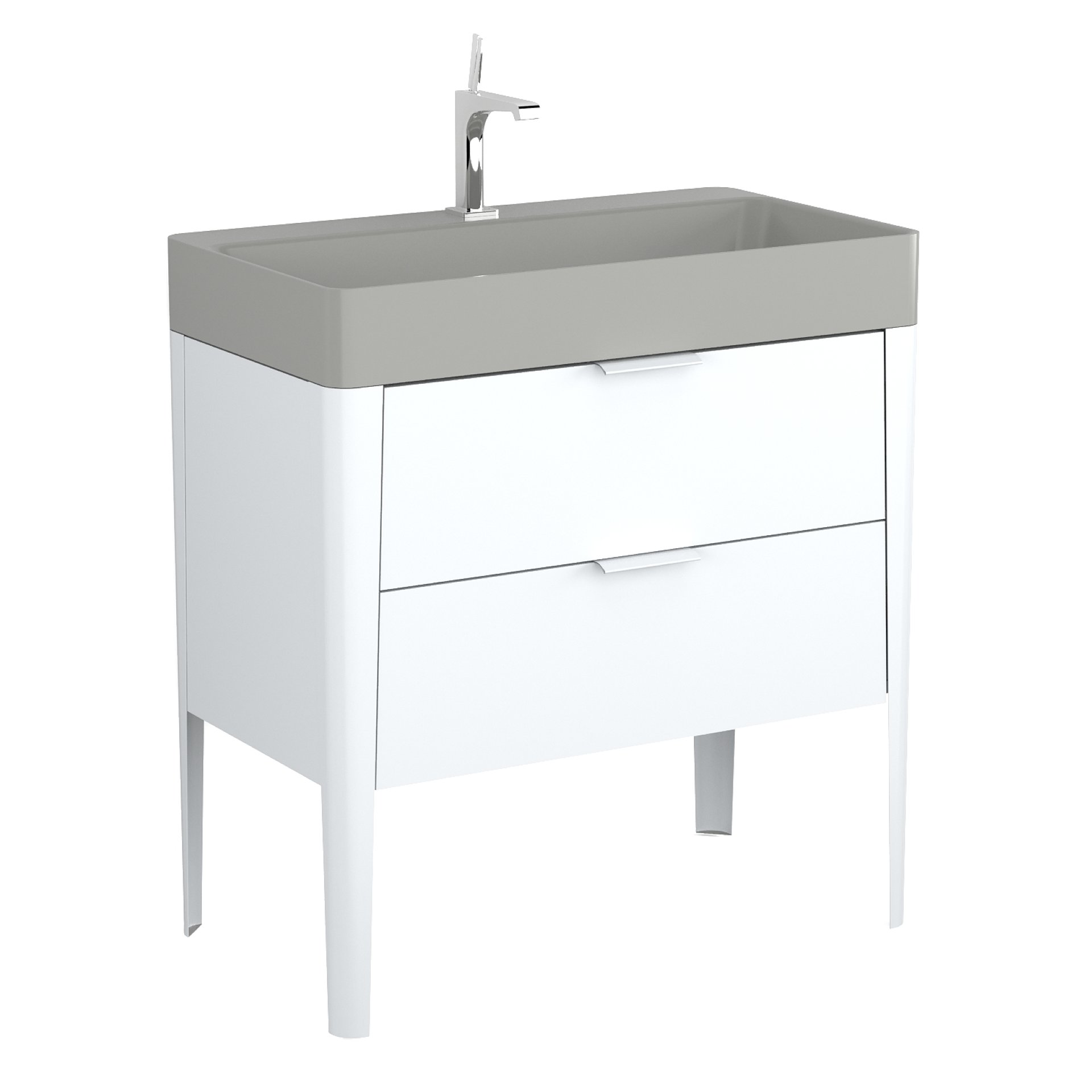 BADEDU SORA Waschbecken mit Unterschrank 80 cm breit, Weiß matt, Waschbecken Quarzkomposit Grau, aus Aluminium, mit Füßen