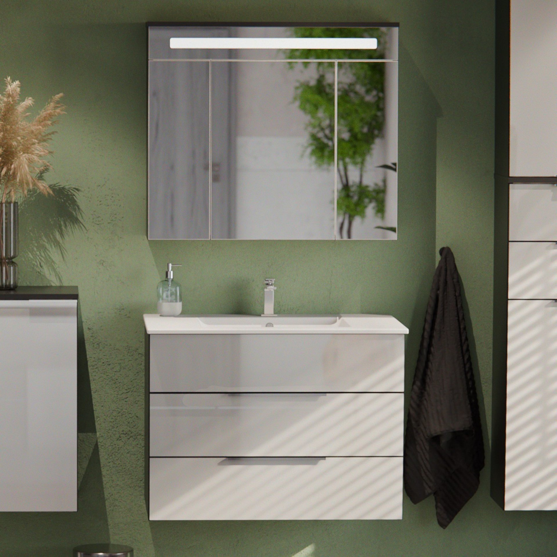 FACKELMANN KARA Waschtisch Set mit Spiegelschrank 80 cm breit, Weiß/Anthrazit, Waschbecken Keramik Weiß, 2 Schubladen
