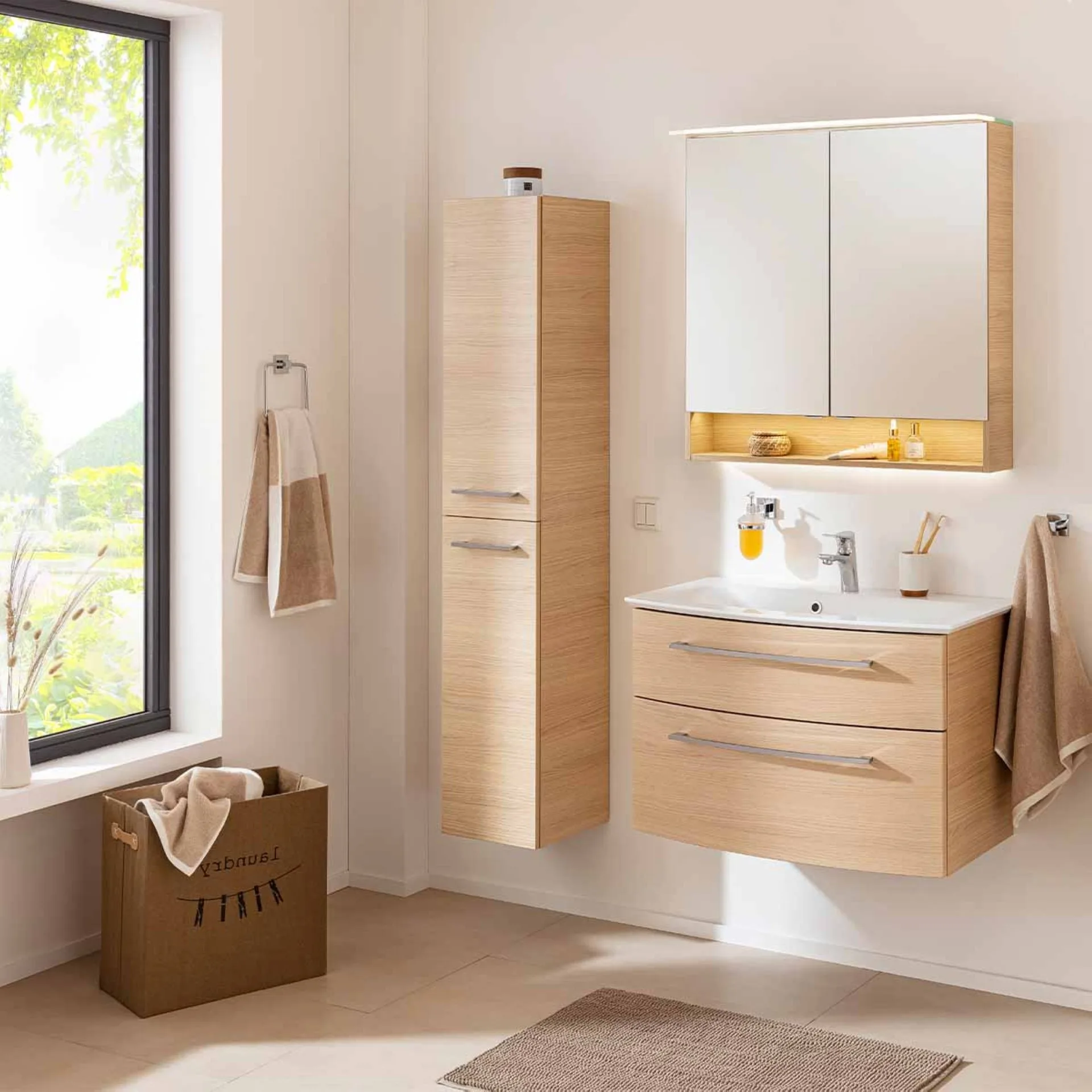 FACKELMANN B.STYLE Waschbecken mit Unterschrank 83 cm breit, Braun, Waschbecken Gussmarmor Weiß