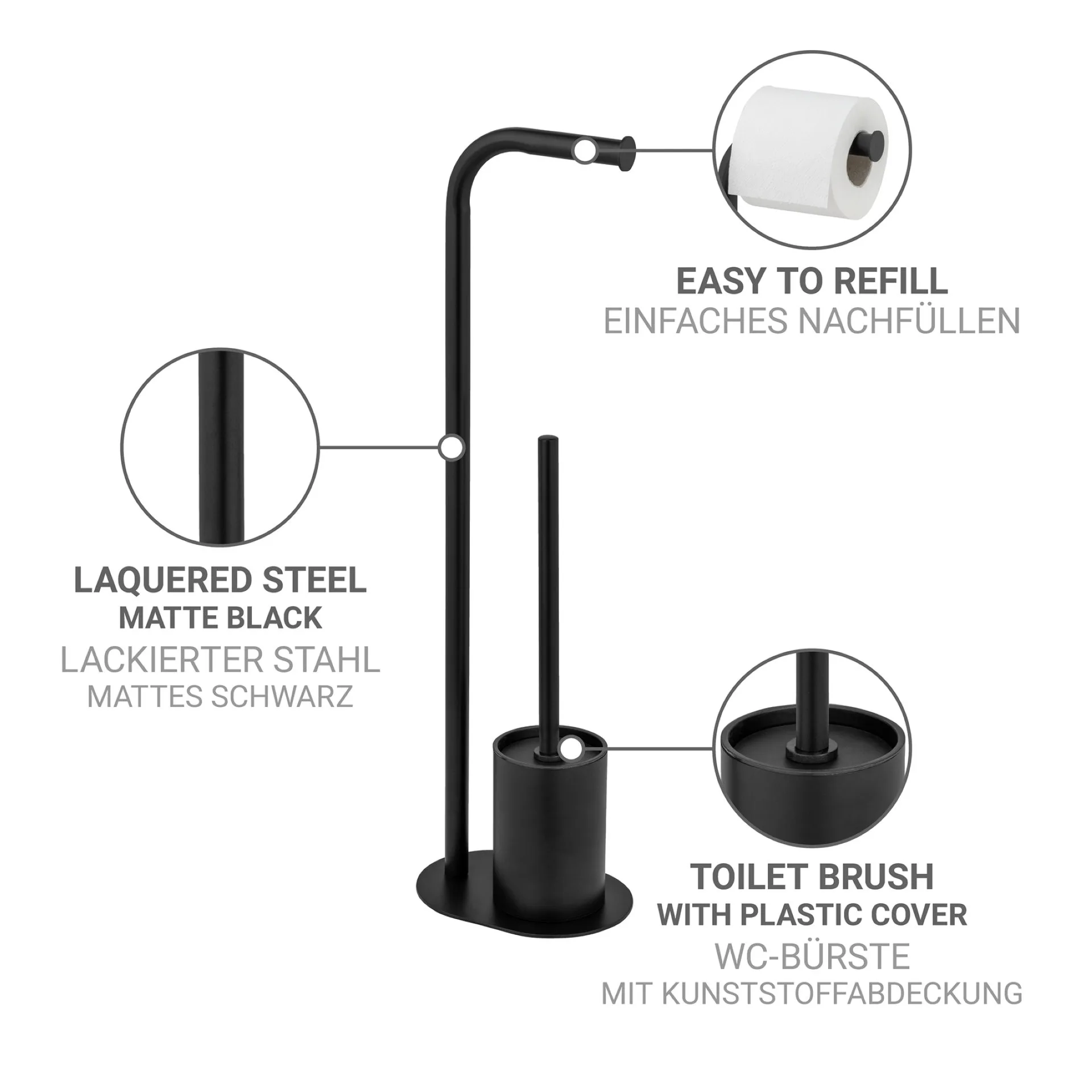 WENKO LEVANTE WC-Garnitur, Schwarz, mit Toilettenpapierhalter, stehend