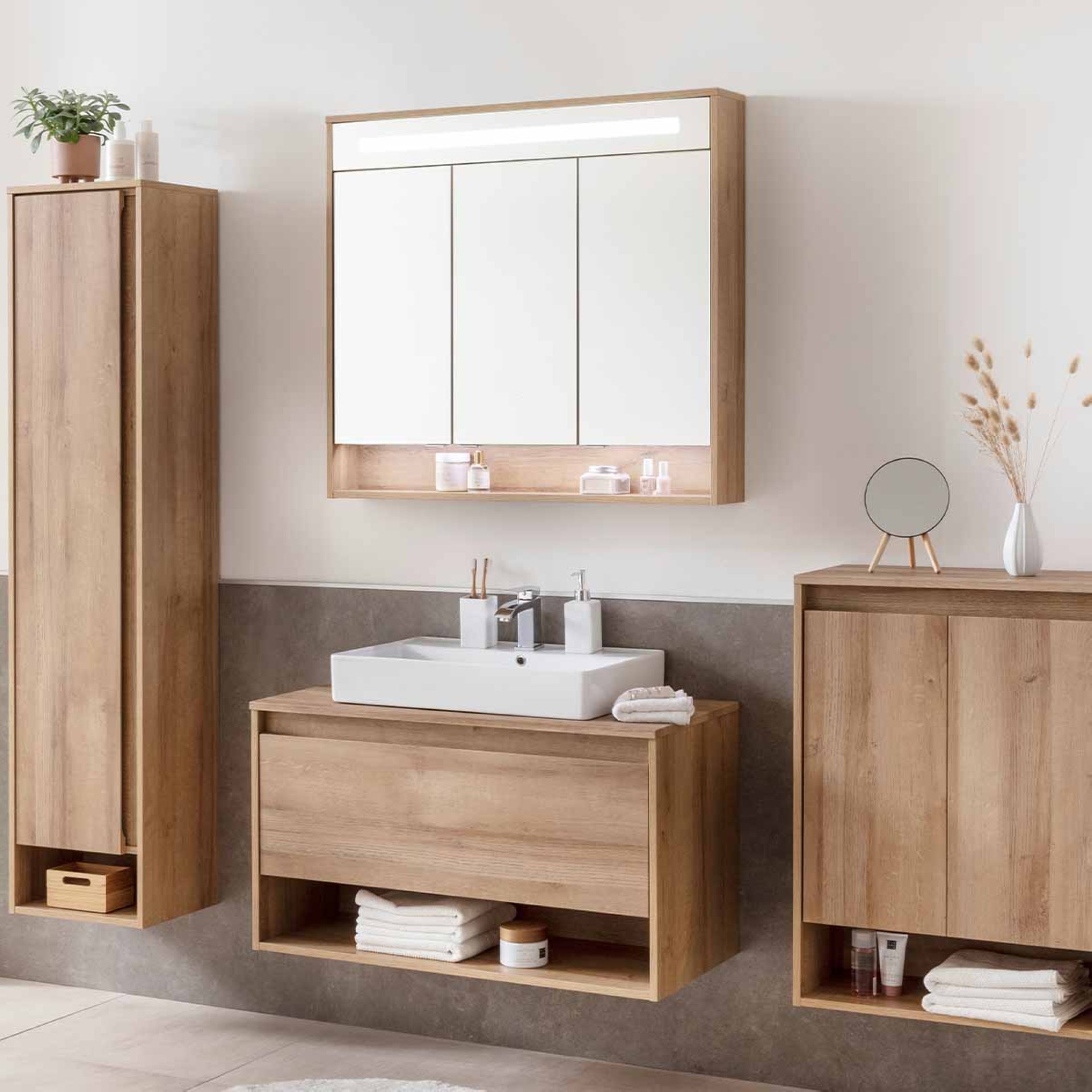 Fackelmann NATURA Badmöbelset 3-teilig, Keramikbecken, LED Spiegelschrank, 94 cm breit, Braun hell