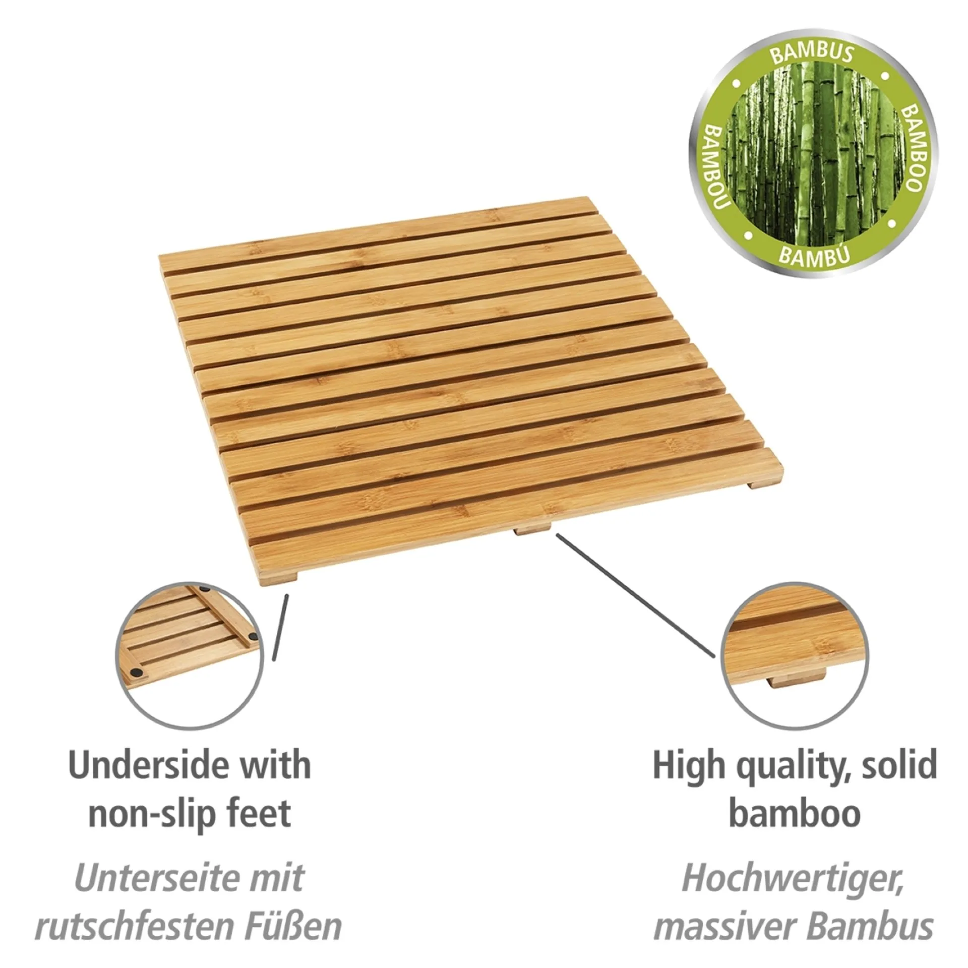 WENKO INDOOR&OUTDOOR Badematte 50 x 50 cm, Braun, aus Bambus