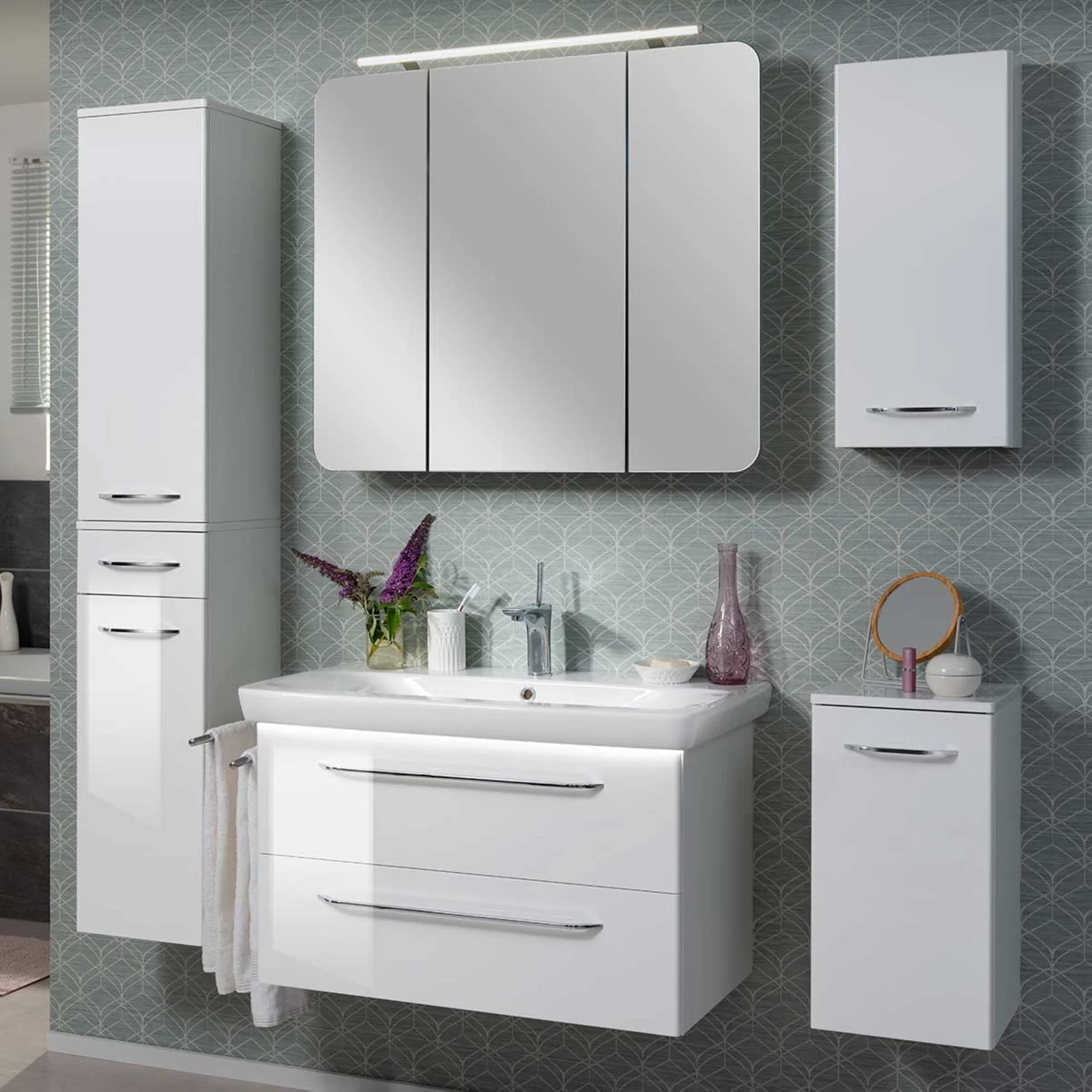 FACKELMANN MILANO Waschtisch Set mit Spiegelschrank 107 cm breit, Weiß, Waschbecken Keramik Weiß
