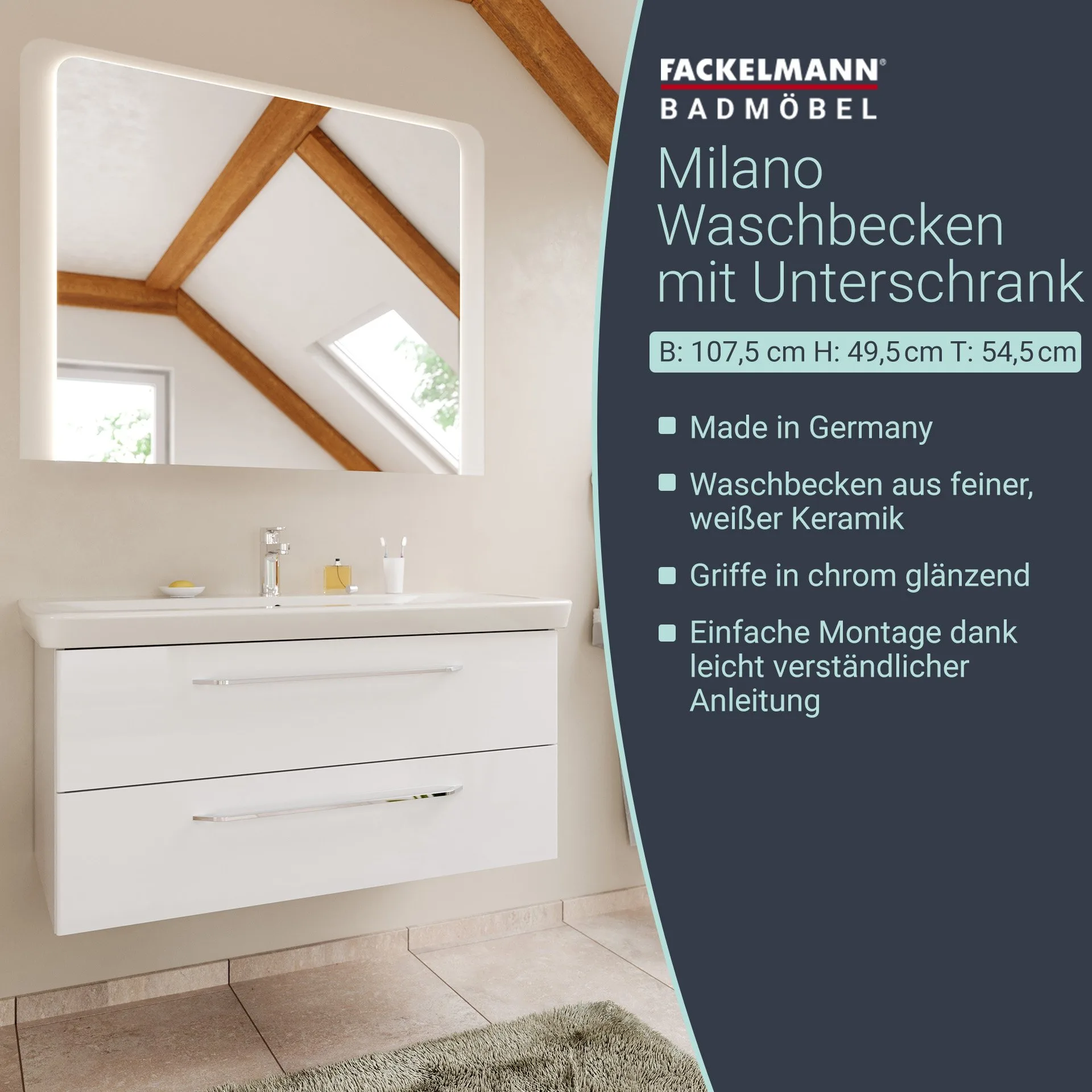 FACKELMANN MILANO Waschbecken mit Unterschrank 107 cm breit, Weiß, Waschbecken Keramik Weiß