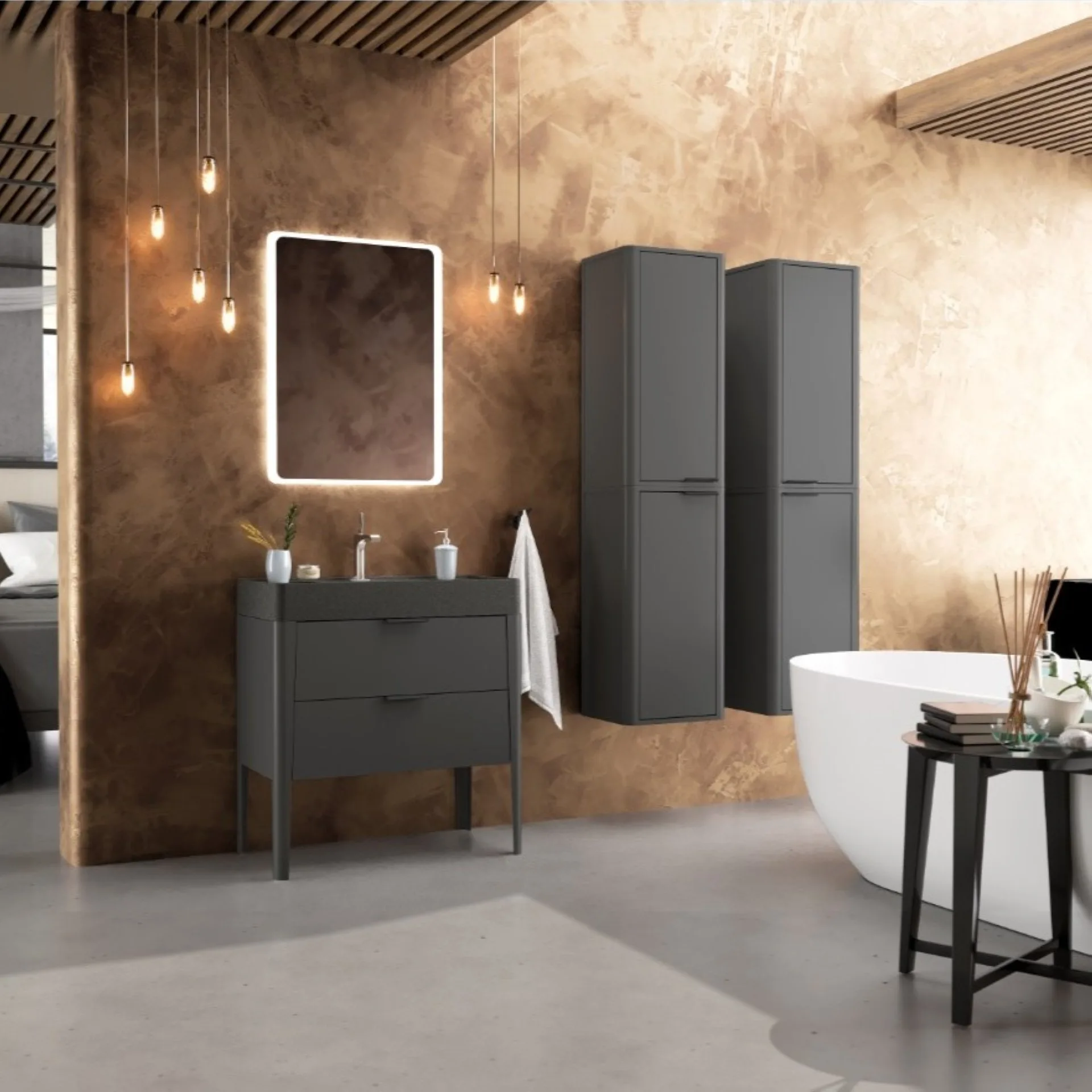 BADEDU SORA Waschbecken mit Unterschrank 80 cm breit, Schwarz matt, Waschbecken Quarzkomposit Schwarz, aus Aluminium, mit Füßen