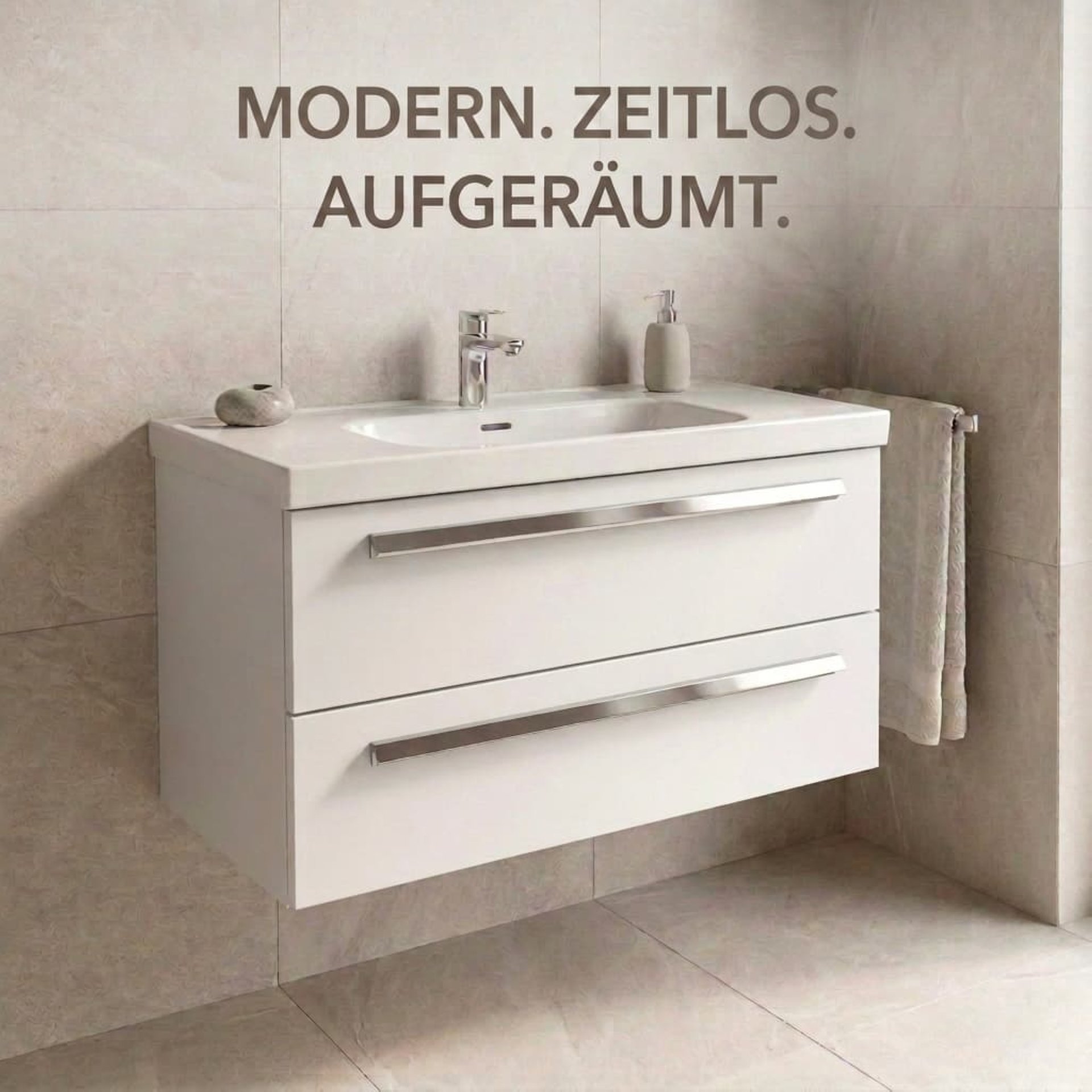 BADEDU TESSANO Waschbecken mit Unterschrank 90 cm breit, Weiß, Waschbecken Keramik Weiß