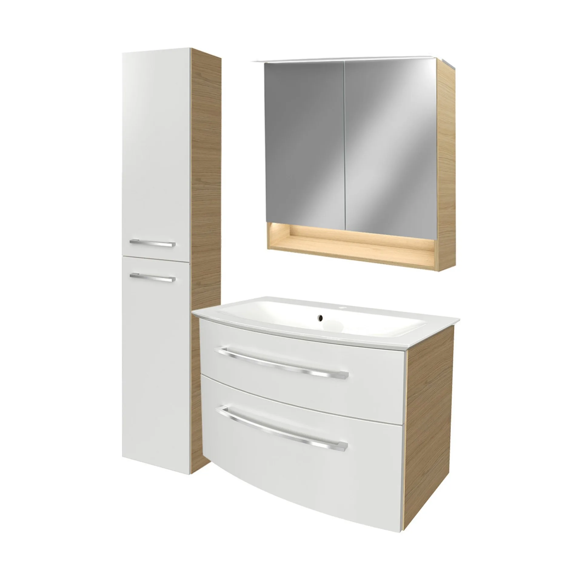 FACKELMANN B.STYLE Badmöbel Set 4-teilig 83 cm breit, Weiß/Braun, Waschbecken Gussmarmor Weiß + LED-Spiegelschrank + Hochschrank Türanschlag links