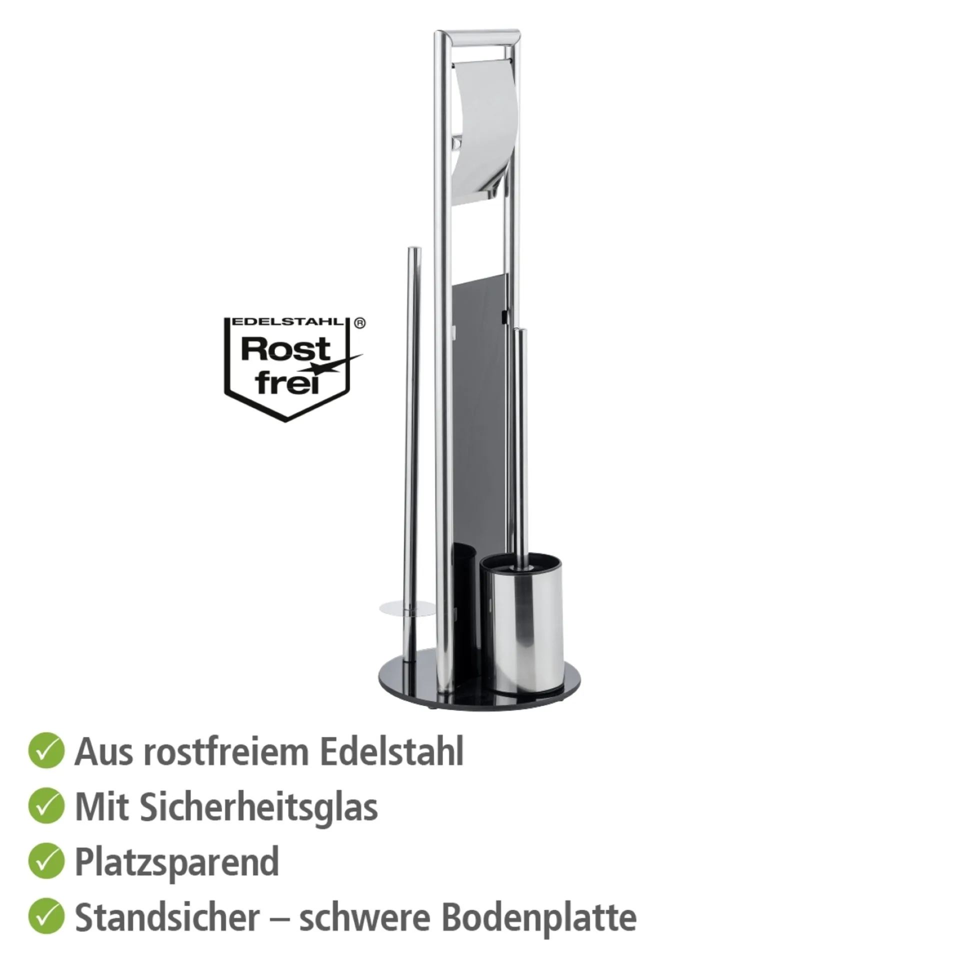 WENKO RAVINA WC-Garnitur, Schwarz/Silber, mit Toilettenpapierhalter und Bevorrater, inklusive Ersatzbürste, stehend
