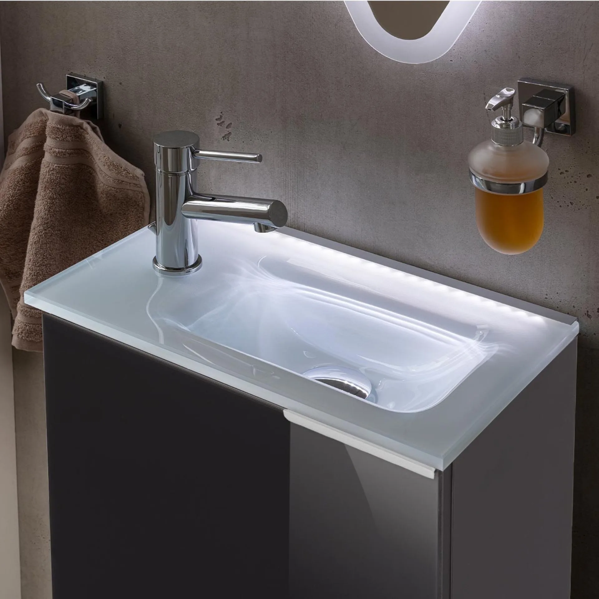 FACKELMANN SBC KARA Gäste WC Waschtisch Set 45 cm breit, Anthrazit, Waschbecken Glas Weiß, Türanschlag links + Waschbeckenbeleuchtung